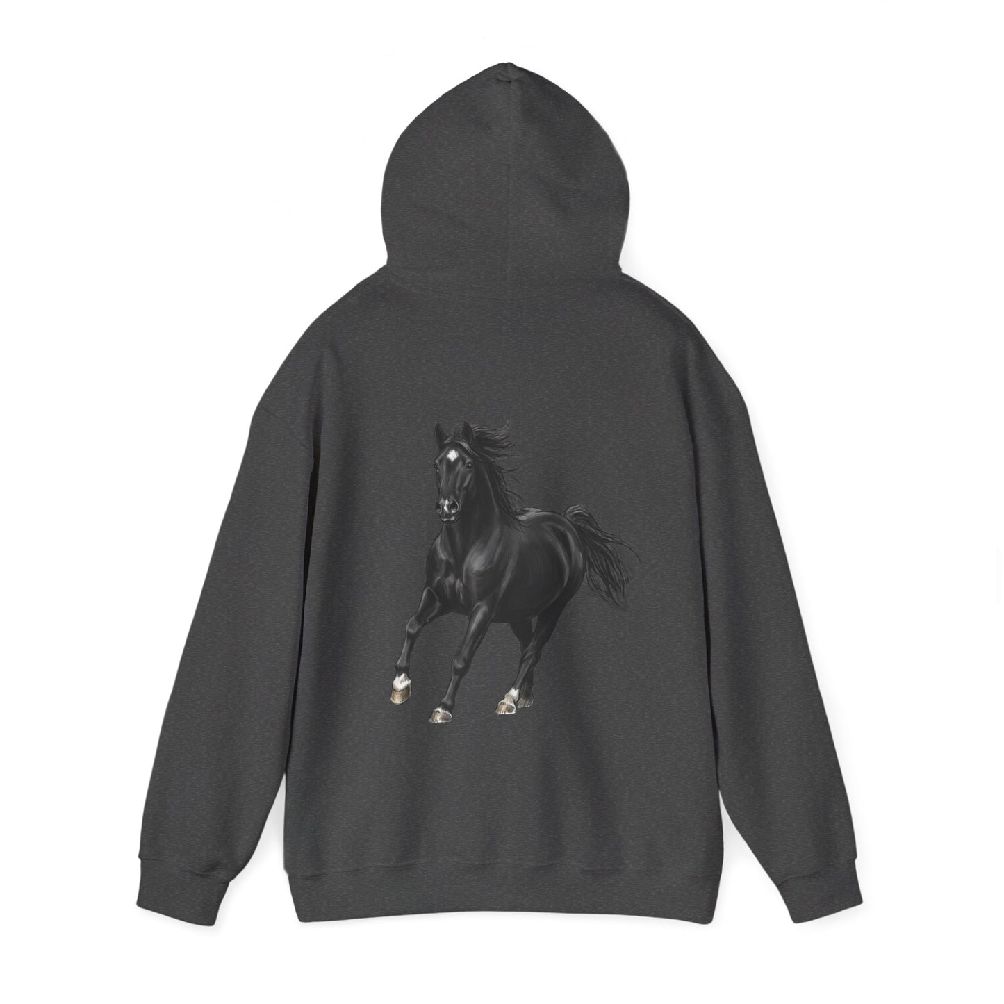 Horse Graphic Hoodie — Black Stallion Back Print, Minimal Front Text