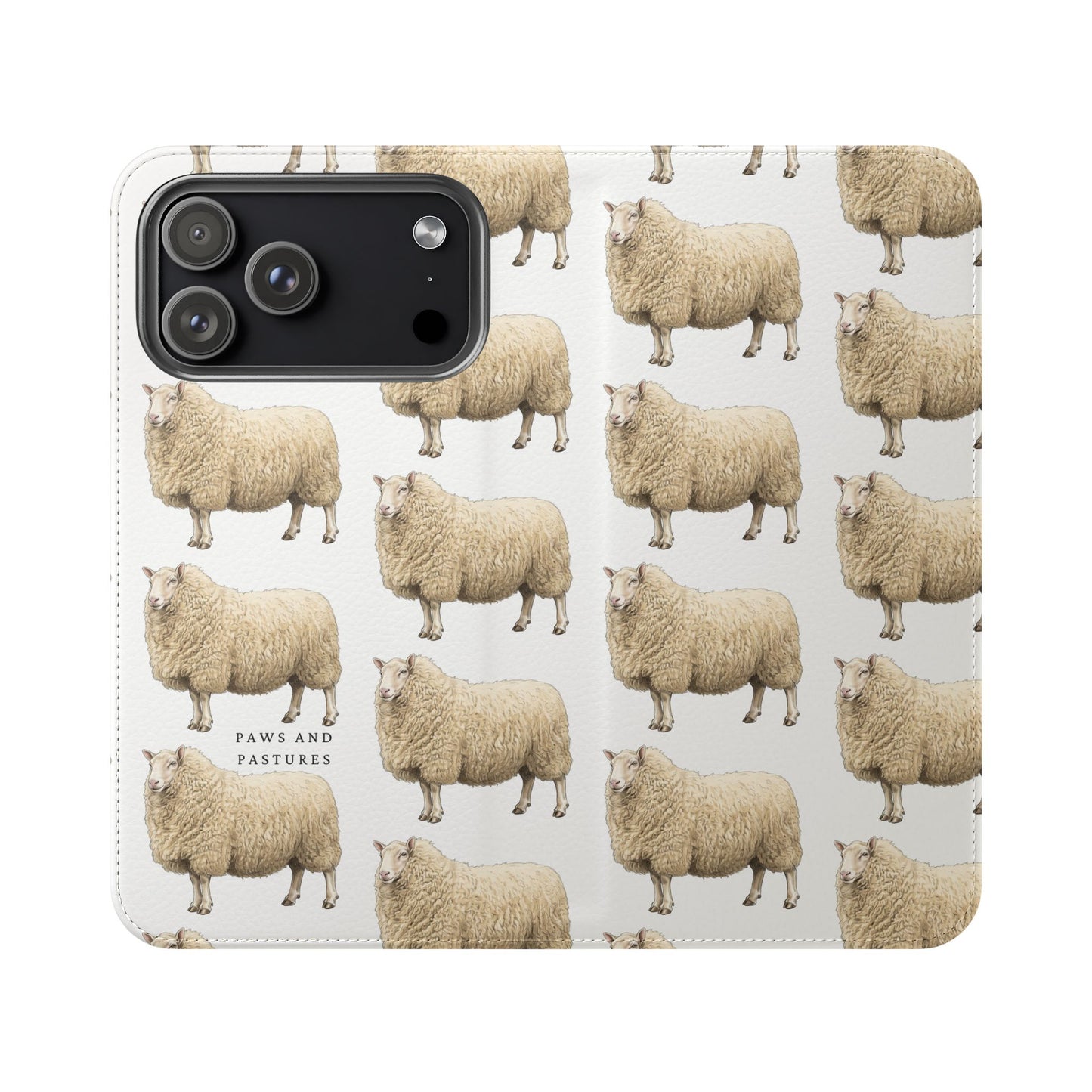 Cheviot Sheep Pattern Flip Phone Case – Cute Pastoral Wallet Cover with Card Slots