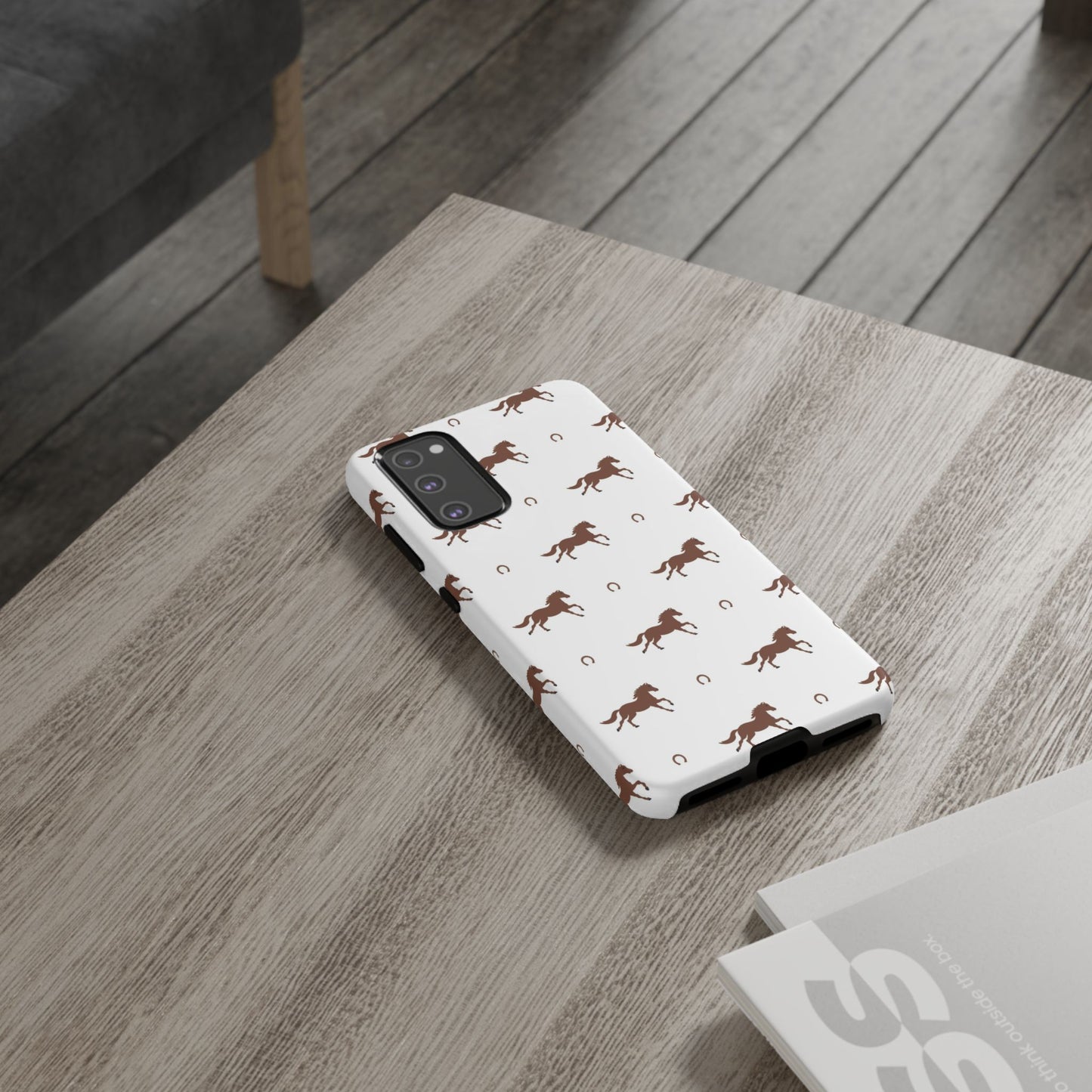 Horse Pattern Tough Phone Case — Brown Galloping Horses & Horseshoes on White