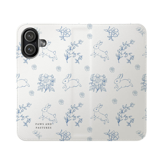 Bunny Pattern Flip Phone Case – Floral Blue Rabbit Wallet Cover