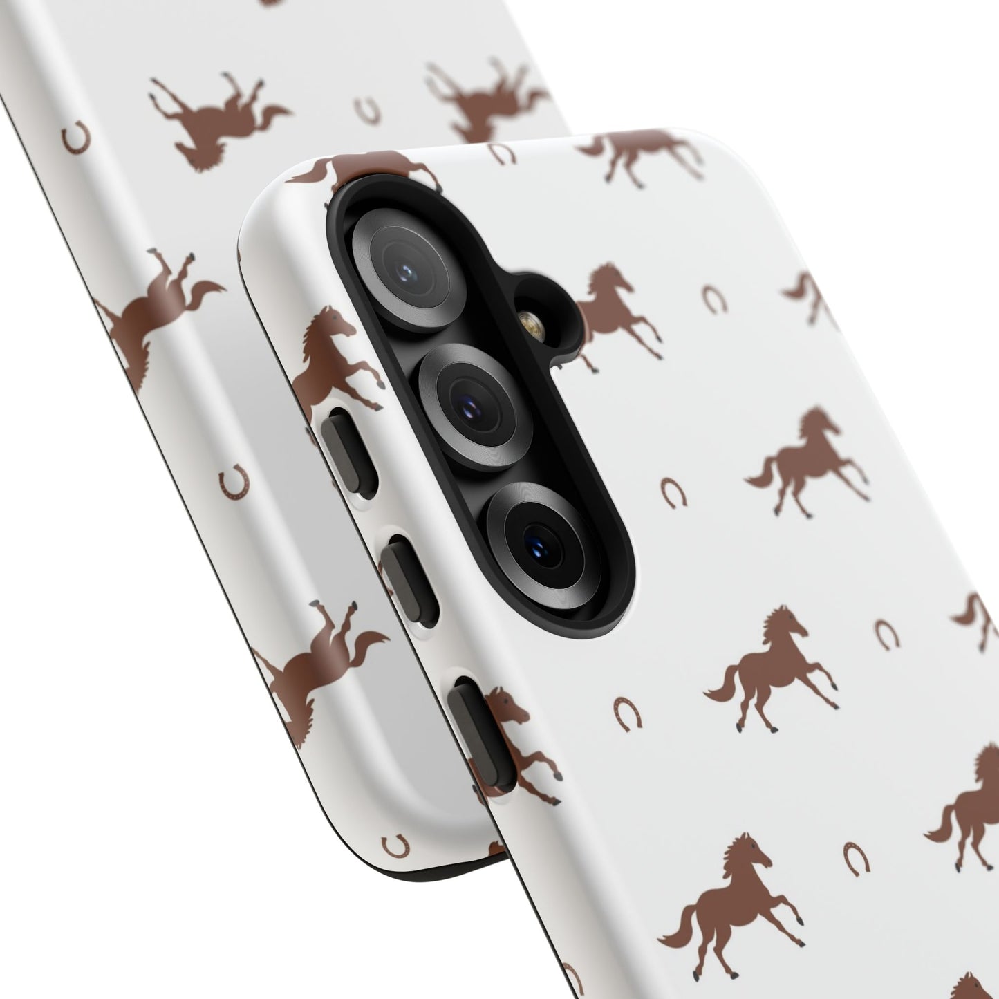 Horse Pattern Tough Phone Case — Brown Galloping Horses & Horseshoes on White