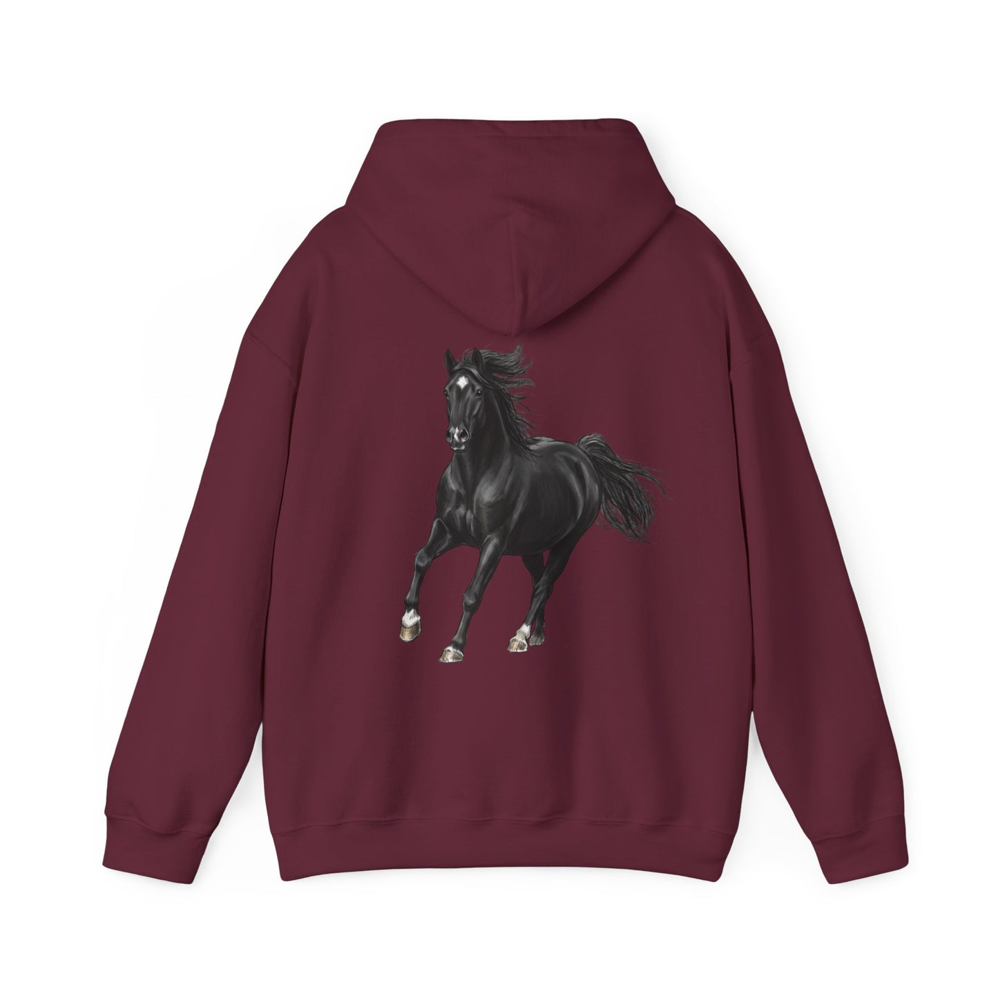 Horse Graphic Hoodie — Black Stallion Back Print, Minimal Front Text