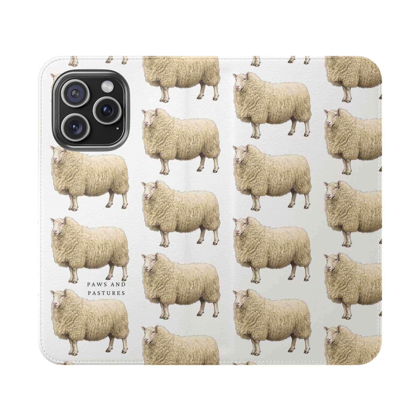 Cheviot Sheep Pattern Flip Phone Case – Cute Pastoral Wallet Cover with Card Slots