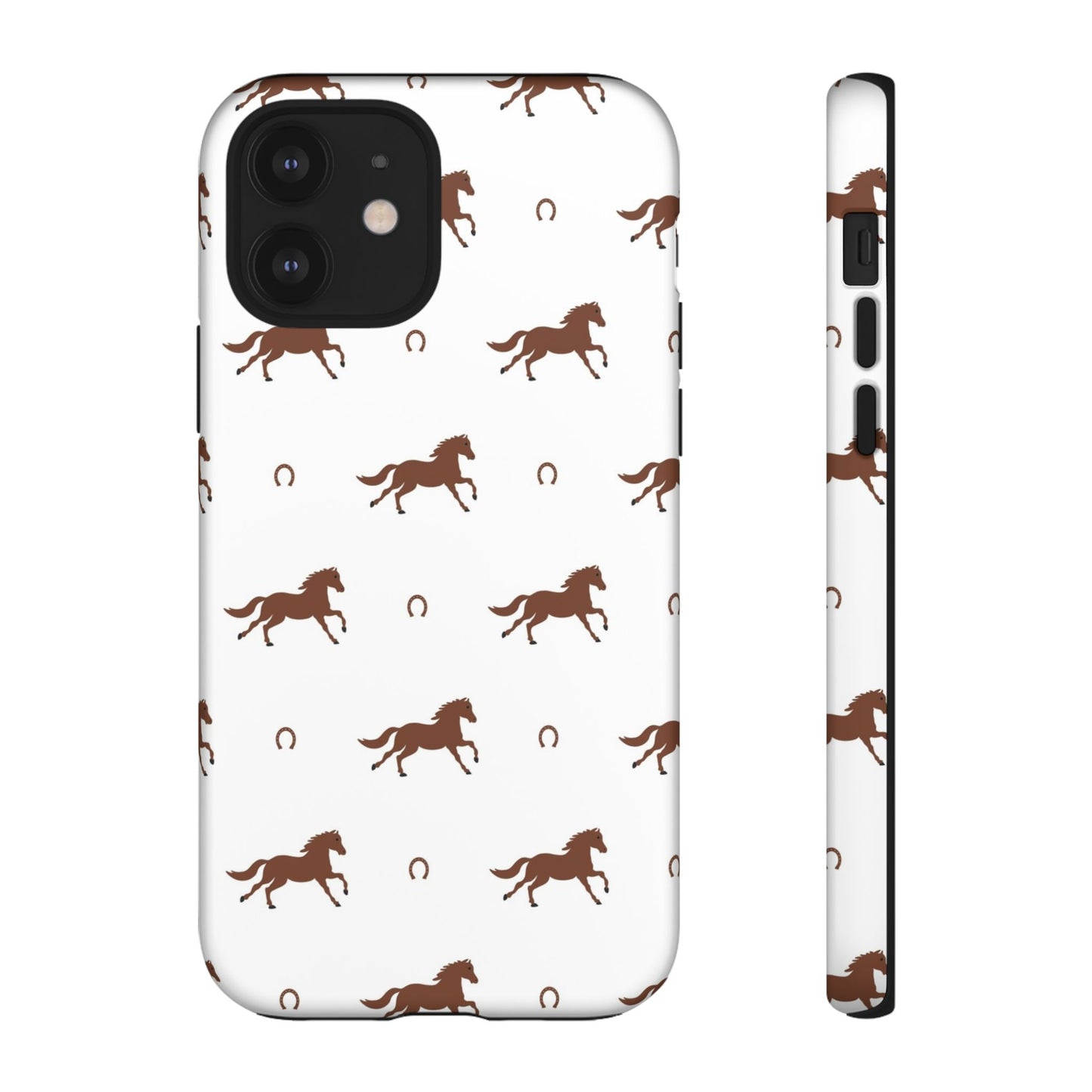 Horse Pattern Tough Phone Case — Brown Galloping Horses & Horseshoes on White