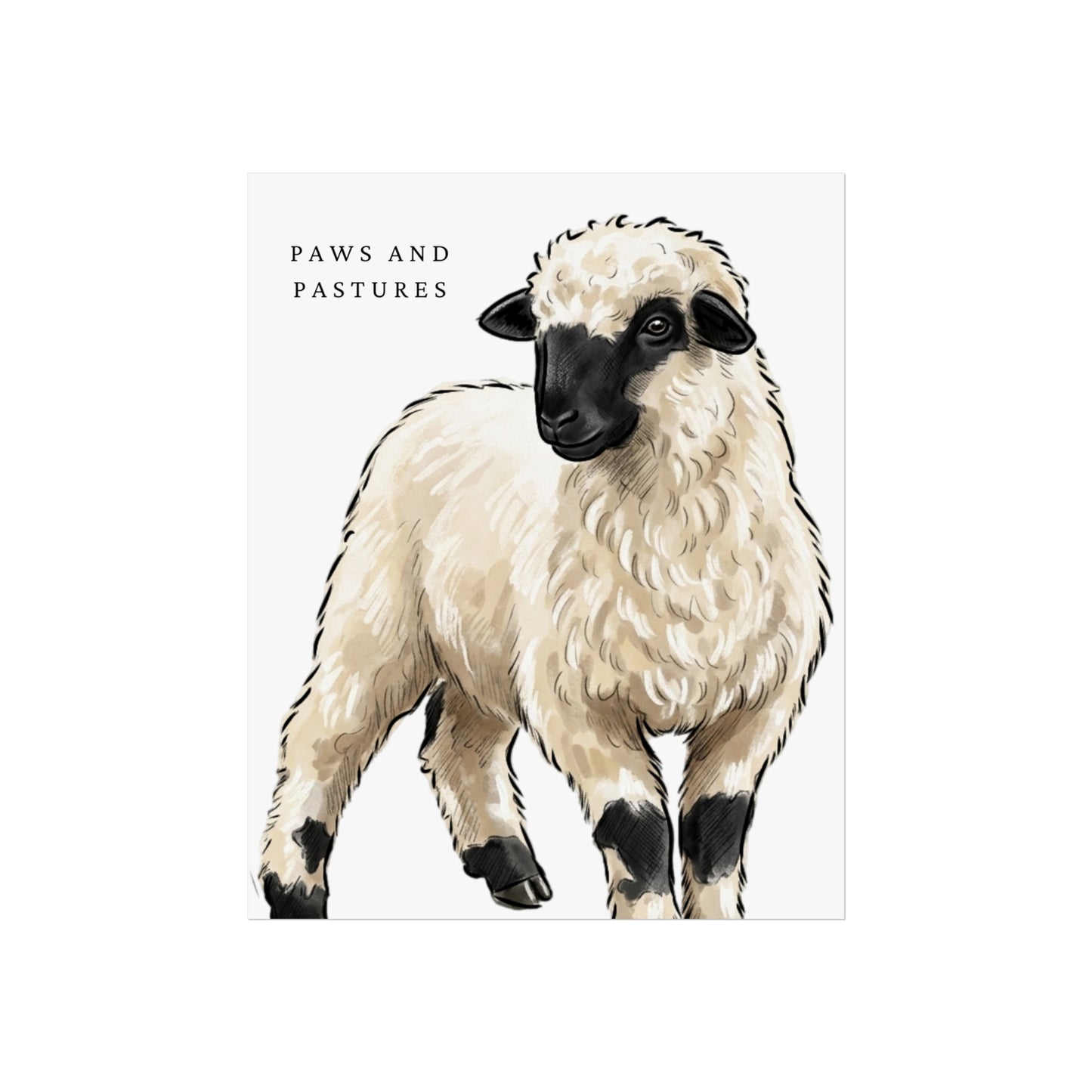 Valais Blacknose Sheep Portrait Fine Art Poster — 'Paws and Pastures' Rustic Farmhouse Wall Art
