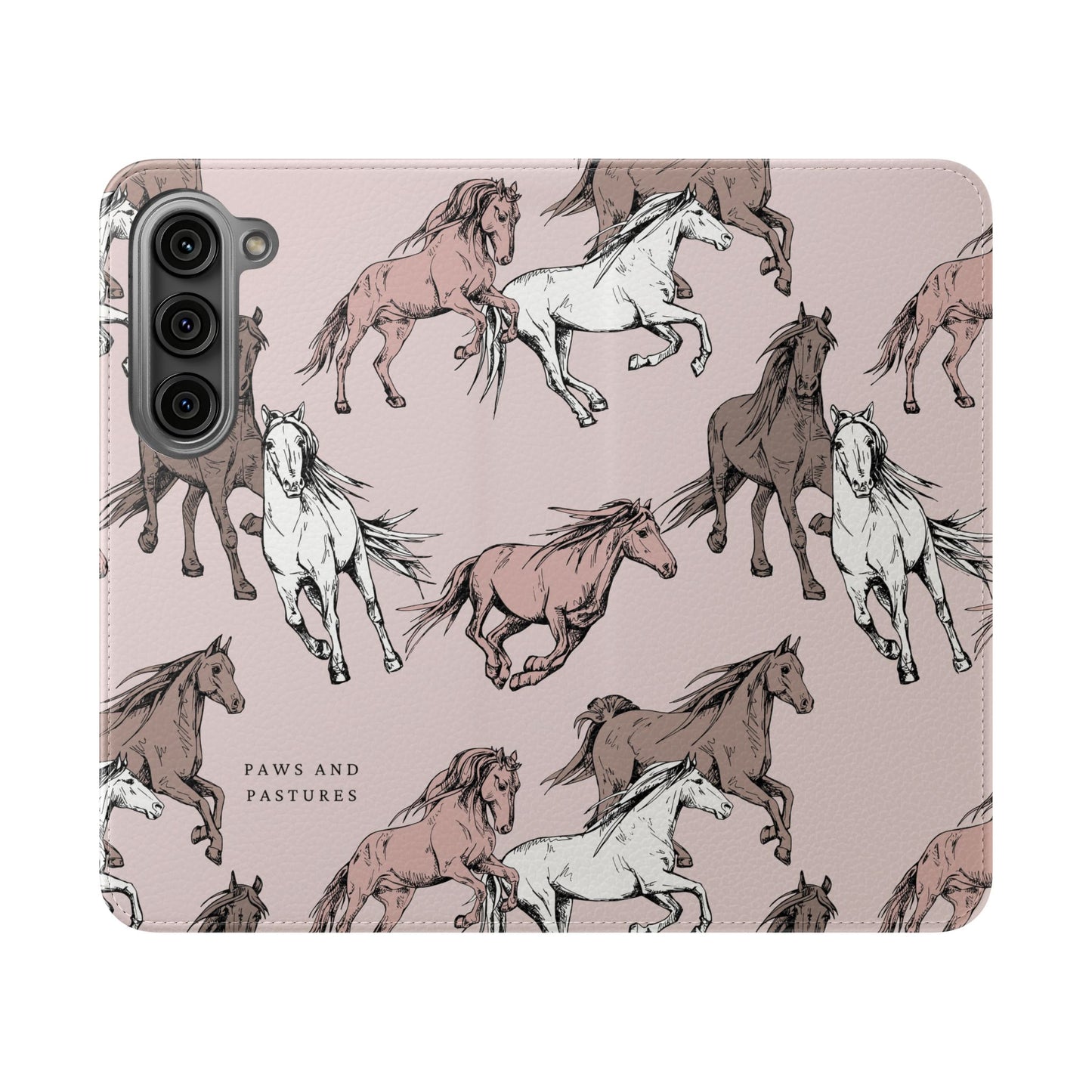 Horse Pattern Flip Phone Case — Pink Running Horses Wallet Cover