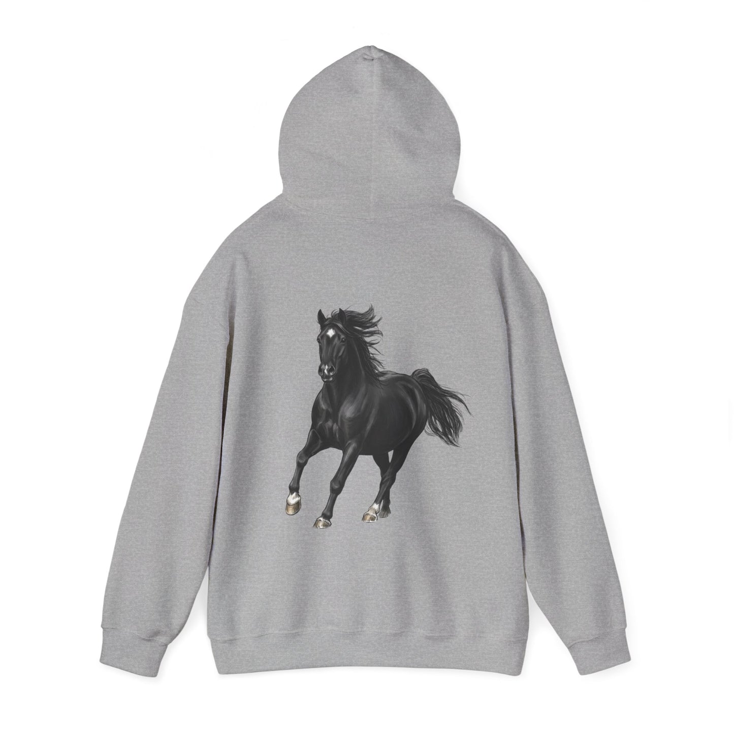 Horse Graphic Hoodie — Black Stallion Back Print, Minimal Front Text