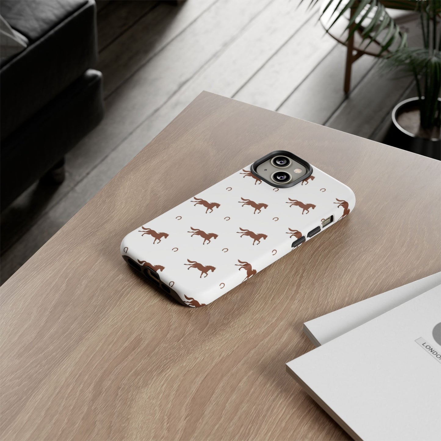 Horse Pattern Tough Phone Case — Brown Galloping Horses & Horseshoes on White