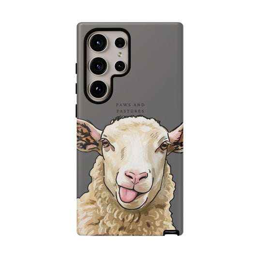 Grey Silly Sheep Phone Case — Cute Tongue-Out Lamb on Pink Protective Tough Case