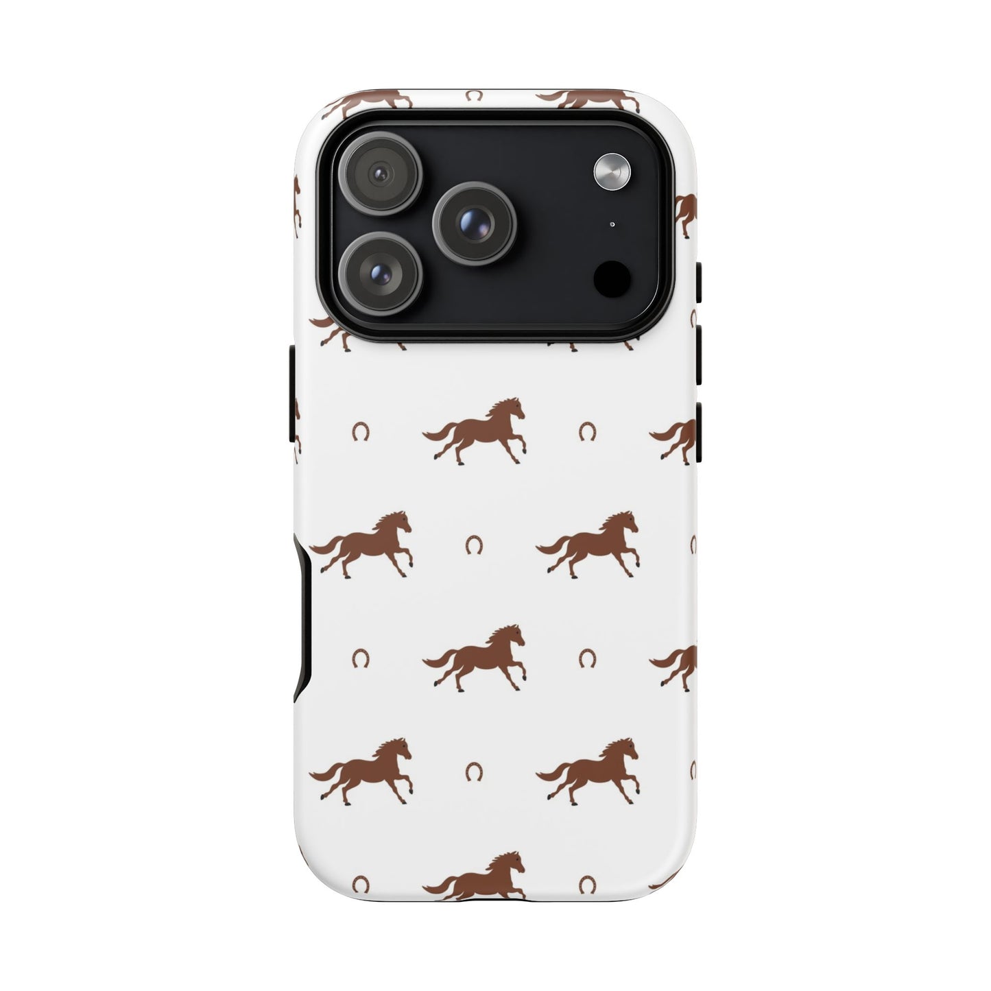 Horse Pattern Tough Phone Case — Brown Galloping Horses & Horseshoes on White