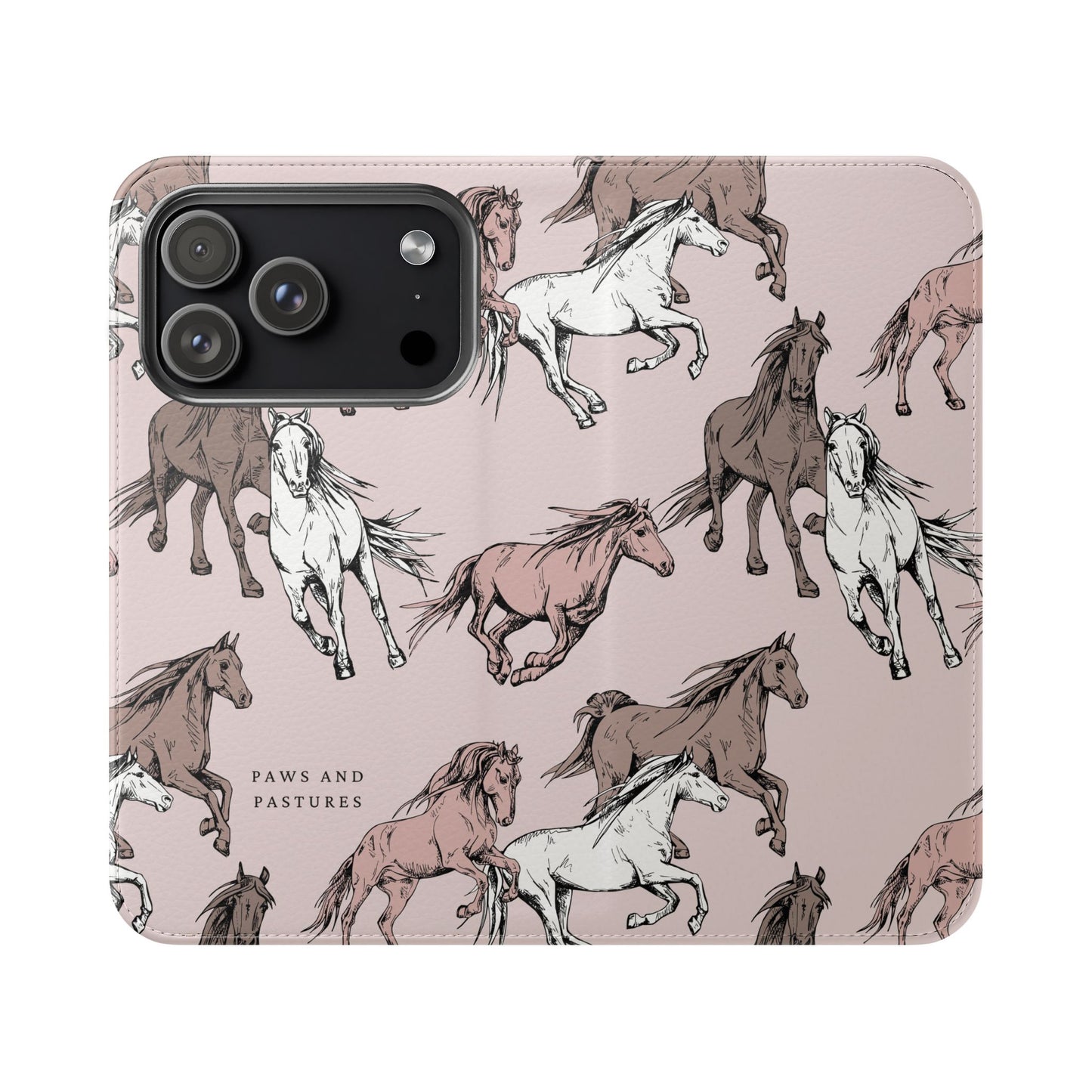 Horse Pattern Flip Phone Case — Pink Running Horses Wallet Cover