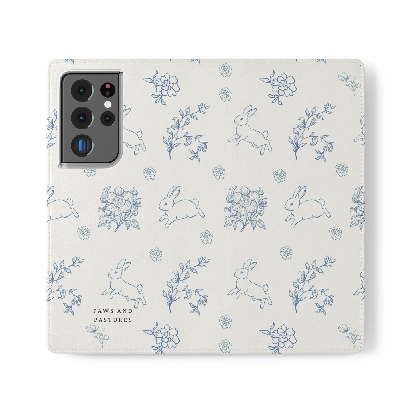 Bunny Pattern Flip Phone Case – Floral Blue Rabbit Wallet Cover