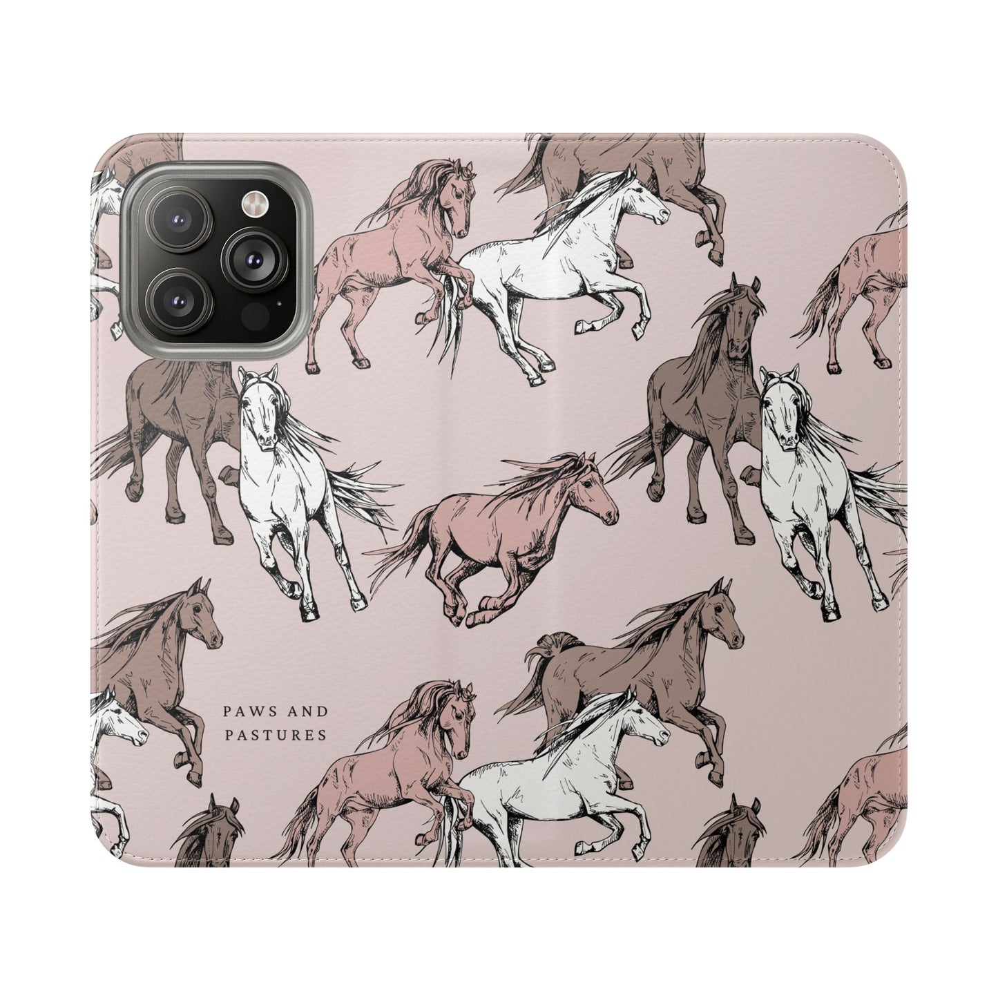 Horse Pattern Flip Phone Case — Pink Running Horses Wallet Cover