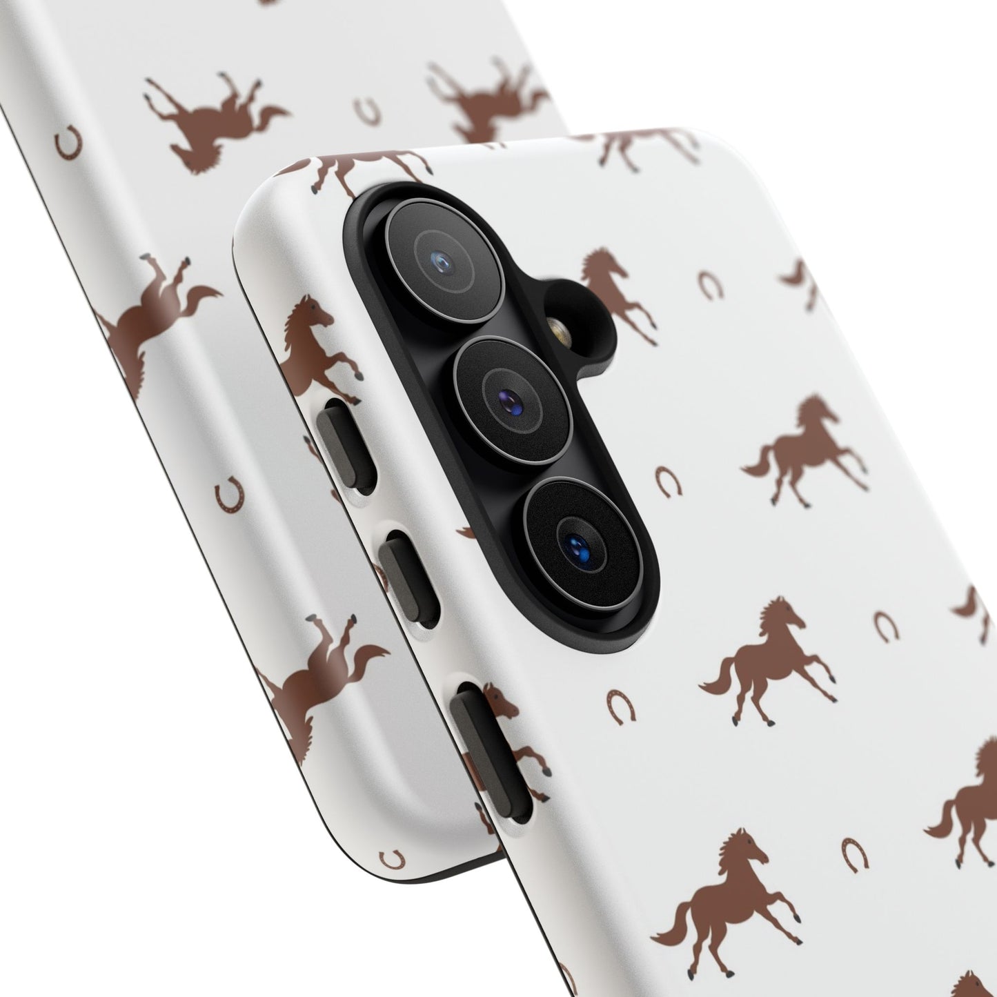 Horse Pattern Tough Phone Case — Brown Galloping Horses & Horseshoes on White