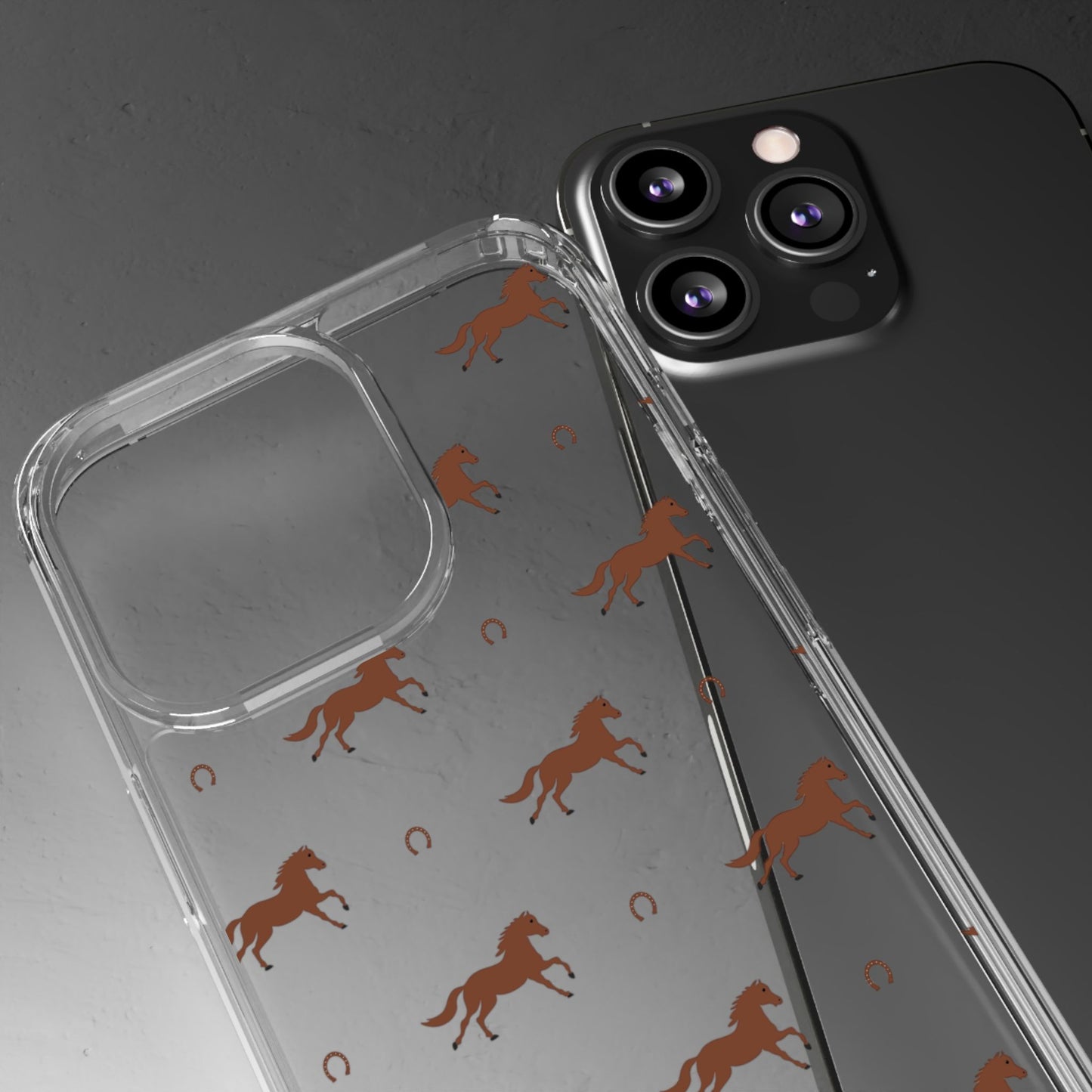 Horse Pattern Clear Phone Case — Equestrian Horses & Horseshoes Design
