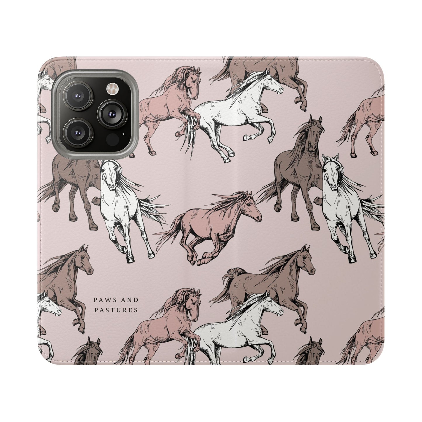 Horse Pattern Flip Phone Case — Pink Running Horses Wallet Cover