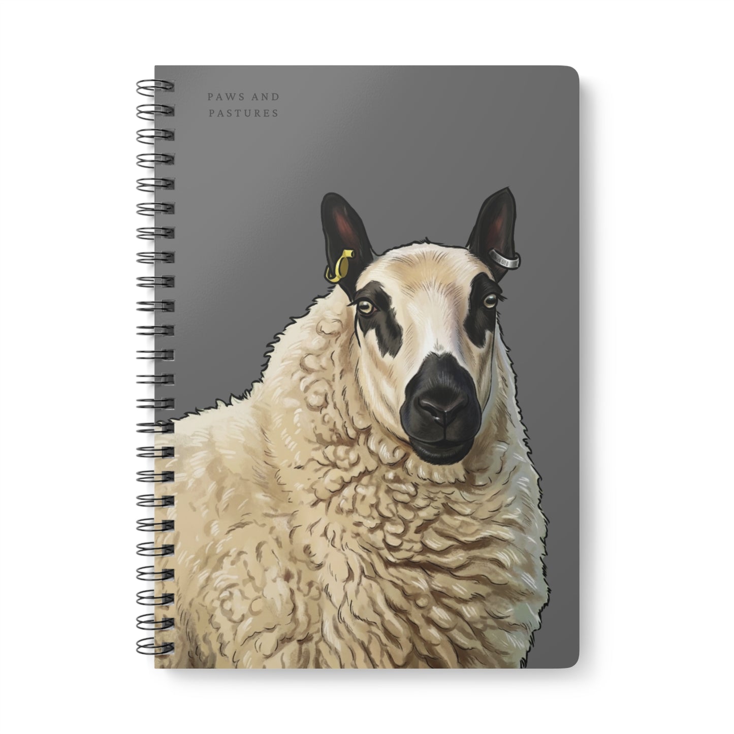Grey Kerry Hill Sheep Portrait A5 Wirobound Notebook — "Paws and Pastures" Lined Journal