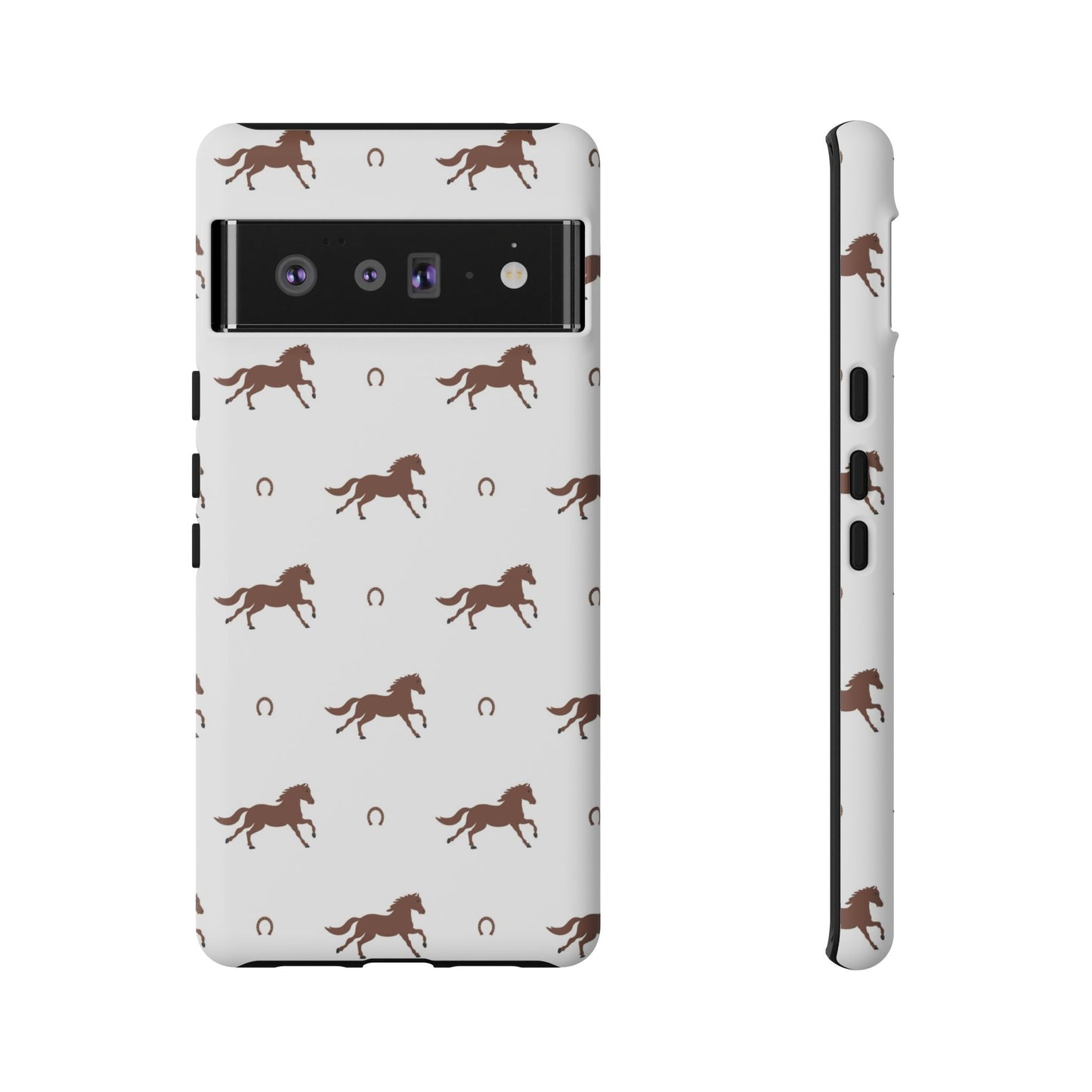 Horse Pattern Tough Phone Case — Brown Galloping Horses & Horseshoes on White