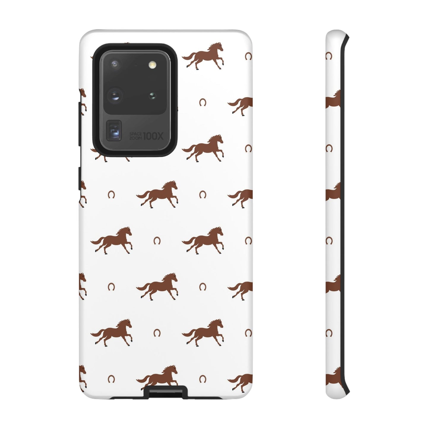 Horse Pattern Tough Phone Case — Brown Galloping Horses & Horseshoes on White