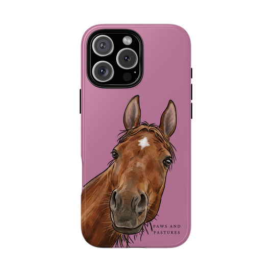 Pink Horse Portrait Phone Case — Cute Brown Horse on Pink Protective Cover