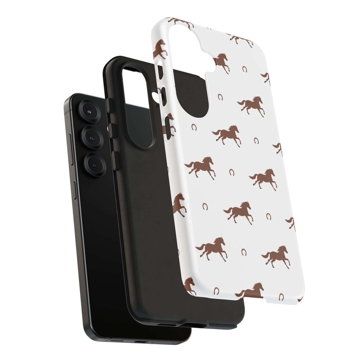 Horse Pattern Tough Phone Case — Brown Galloping Horses & Horseshoes on White