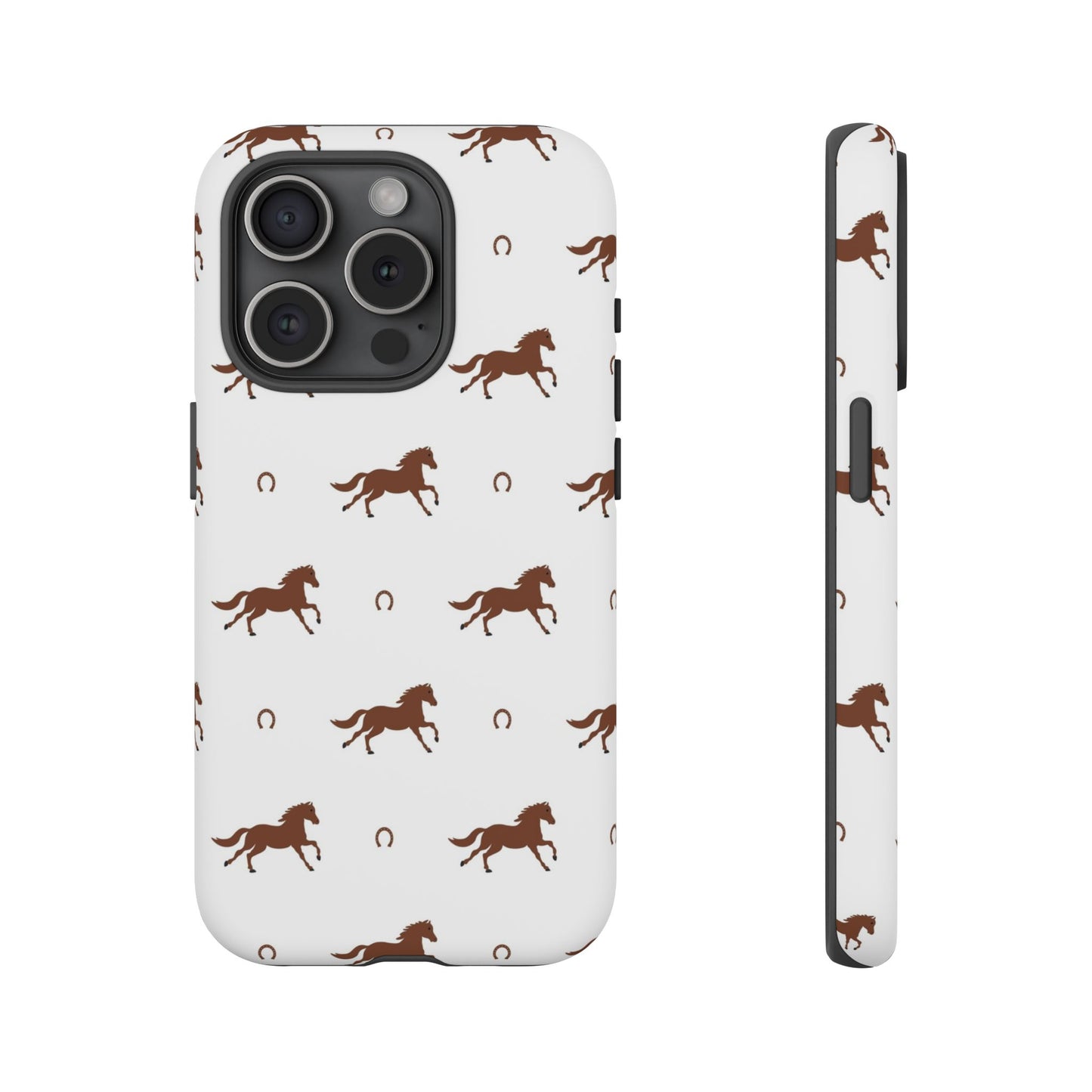 Horse Pattern Tough Phone Case — Brown Galloping Horses & Horseshoes on White