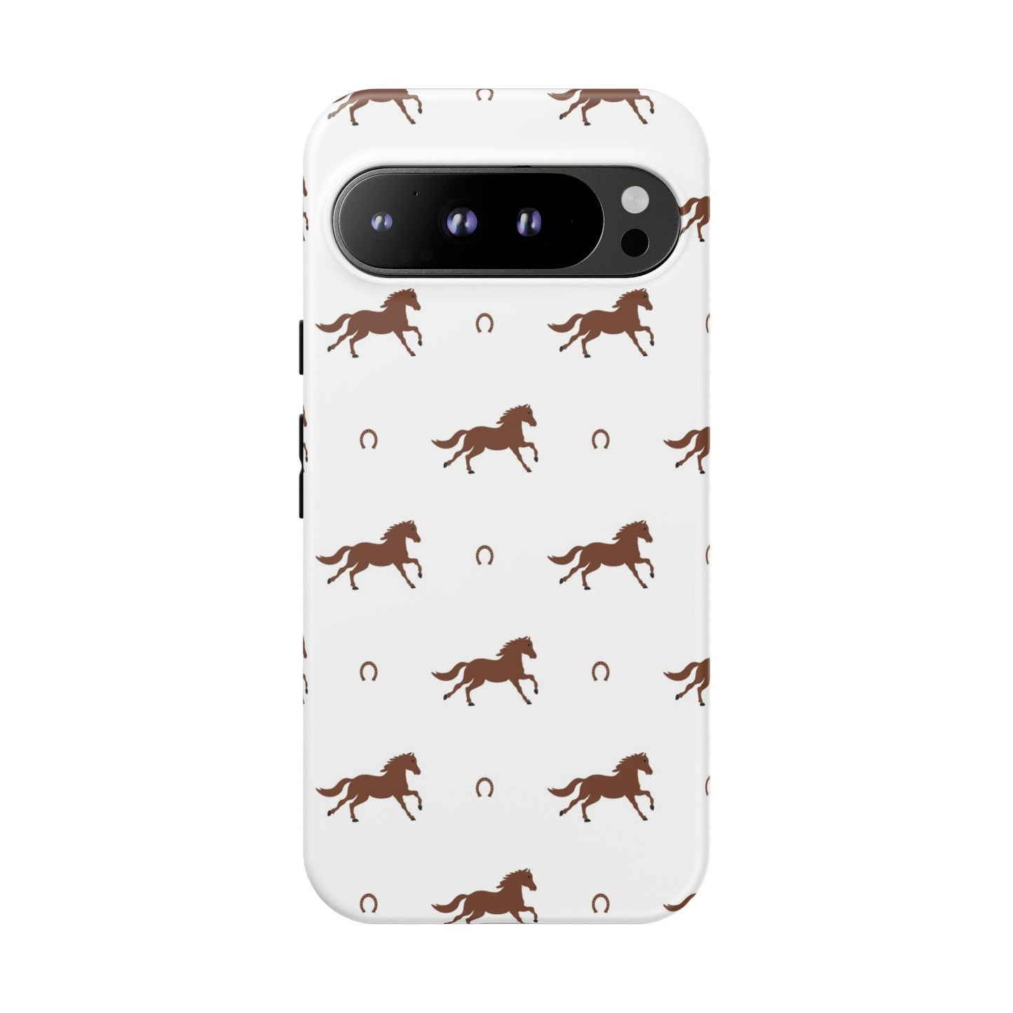 Horse Pattern Tough Phone Case — Brown Galloping Horses & Horseshoes on White