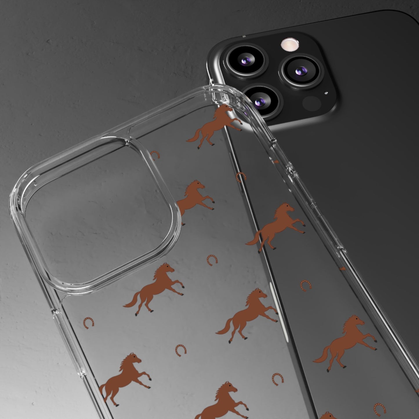 Horse Pattern Clear Phone Case — Equestrian Horses & Horseshoes Design