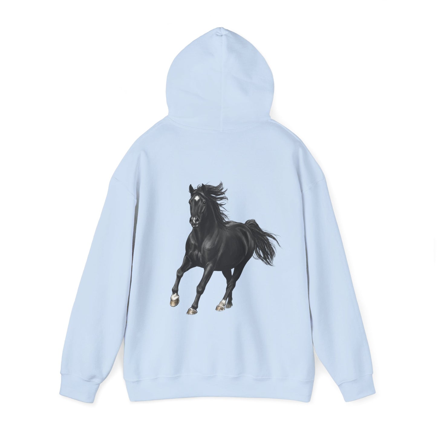 Horse Graphic Hoodie — Black Stallion Back Print, Minimal Front Text