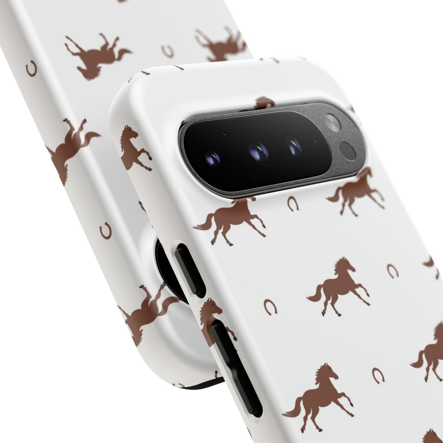 Horse Pattern Tough Phone Case — Brown Galloping Horses & Horseshoes on White