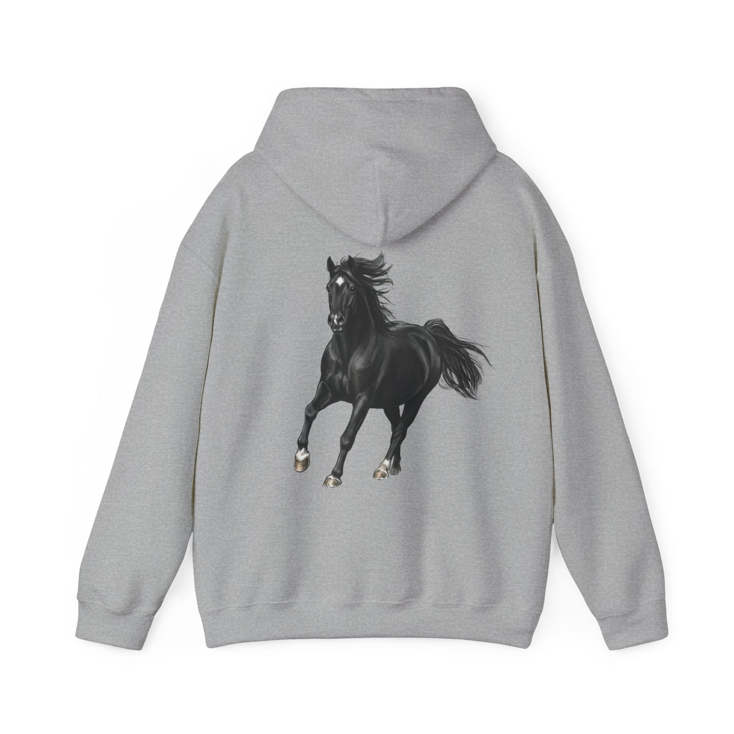 Horse Graphic Hoodie — Black Stallion Back Print, Minimal Front Text