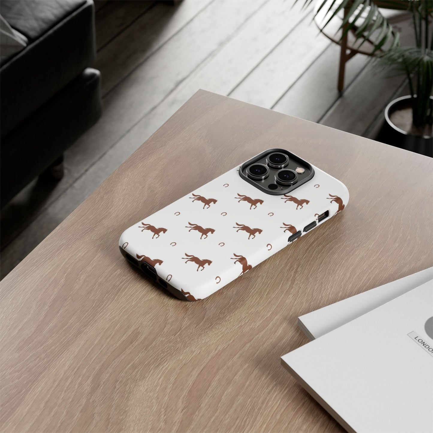 Horse Pattern Tough Phone Case — Brown Galloping Horses & Horseshoes on White