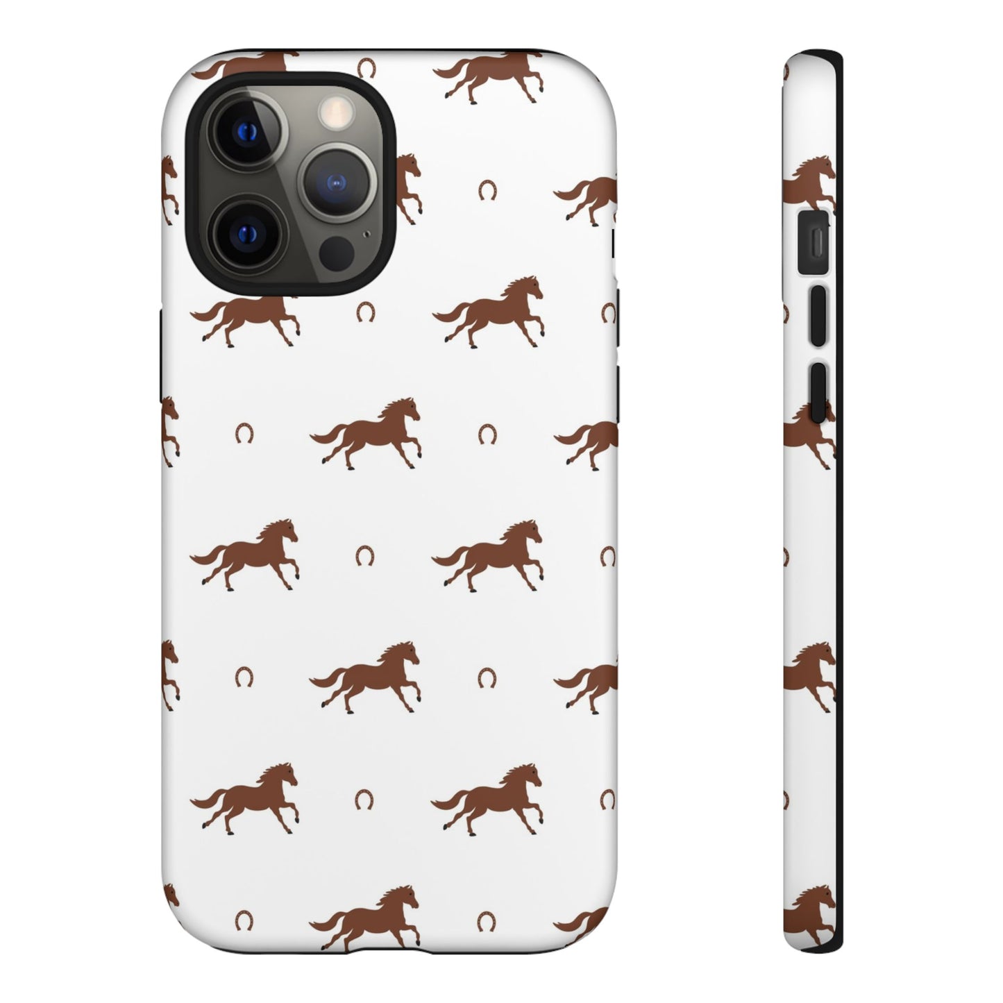 Horse Pattern Tough Phone Case — Brown Galloping Horses & Horseshoes on White