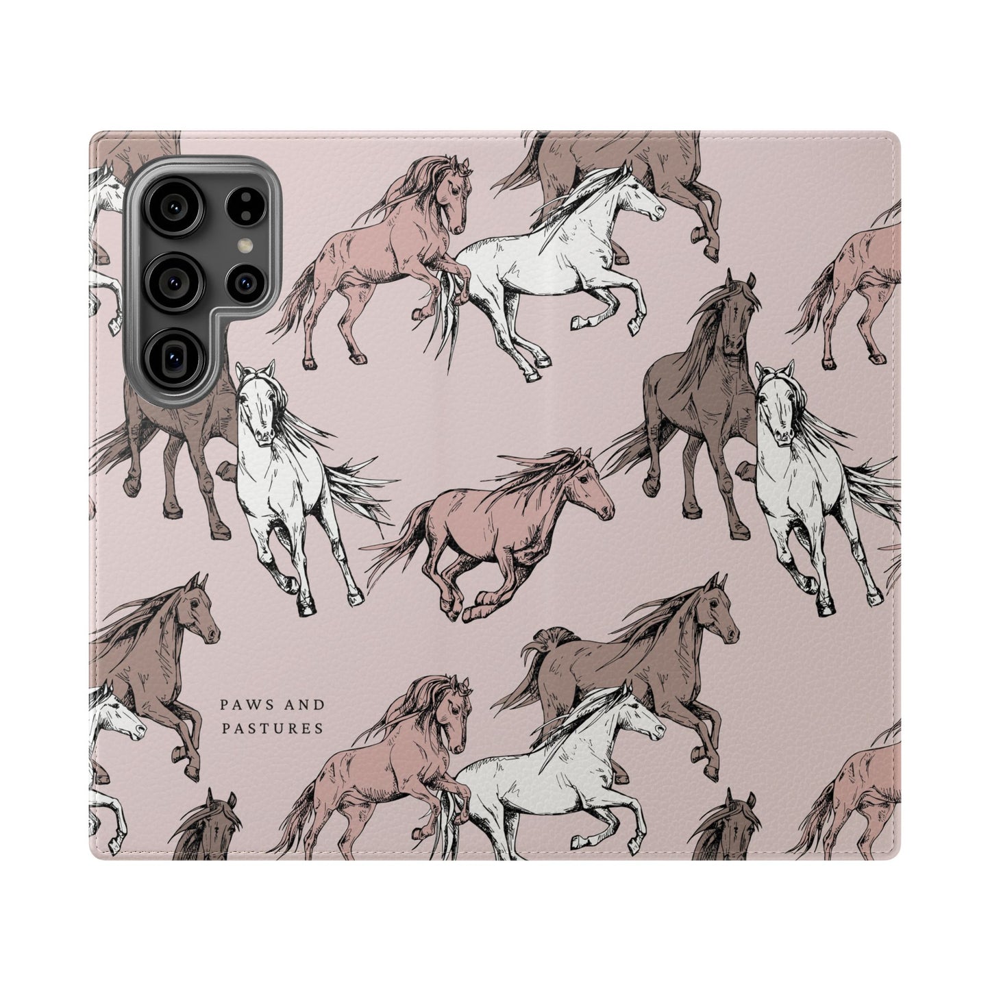 Horse Pattern Flip Phone Case — Pink Running Horses Wallet Cover