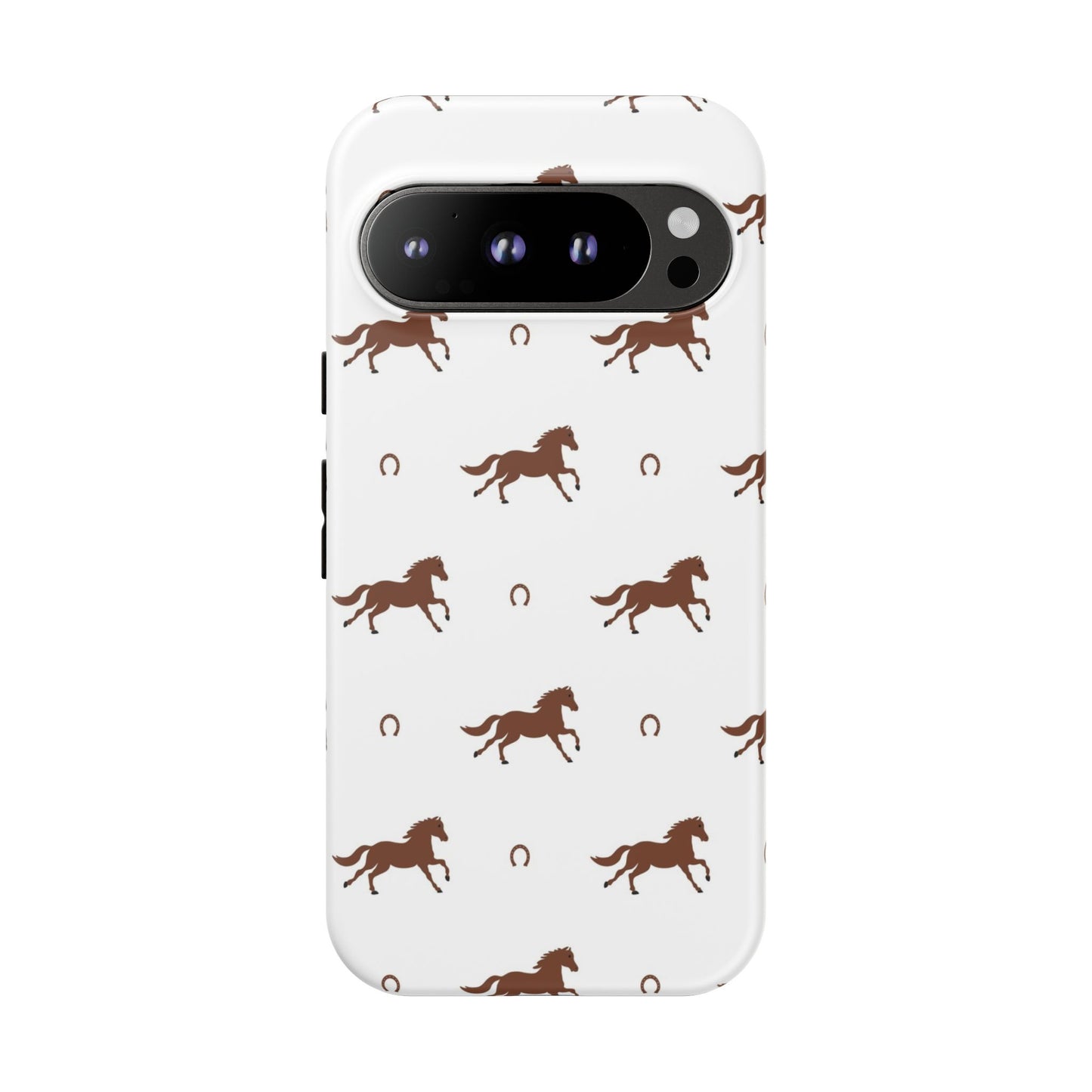 Horse Pattern Tough Phone Case — Brown Galloping Horses & Horseshoes on White