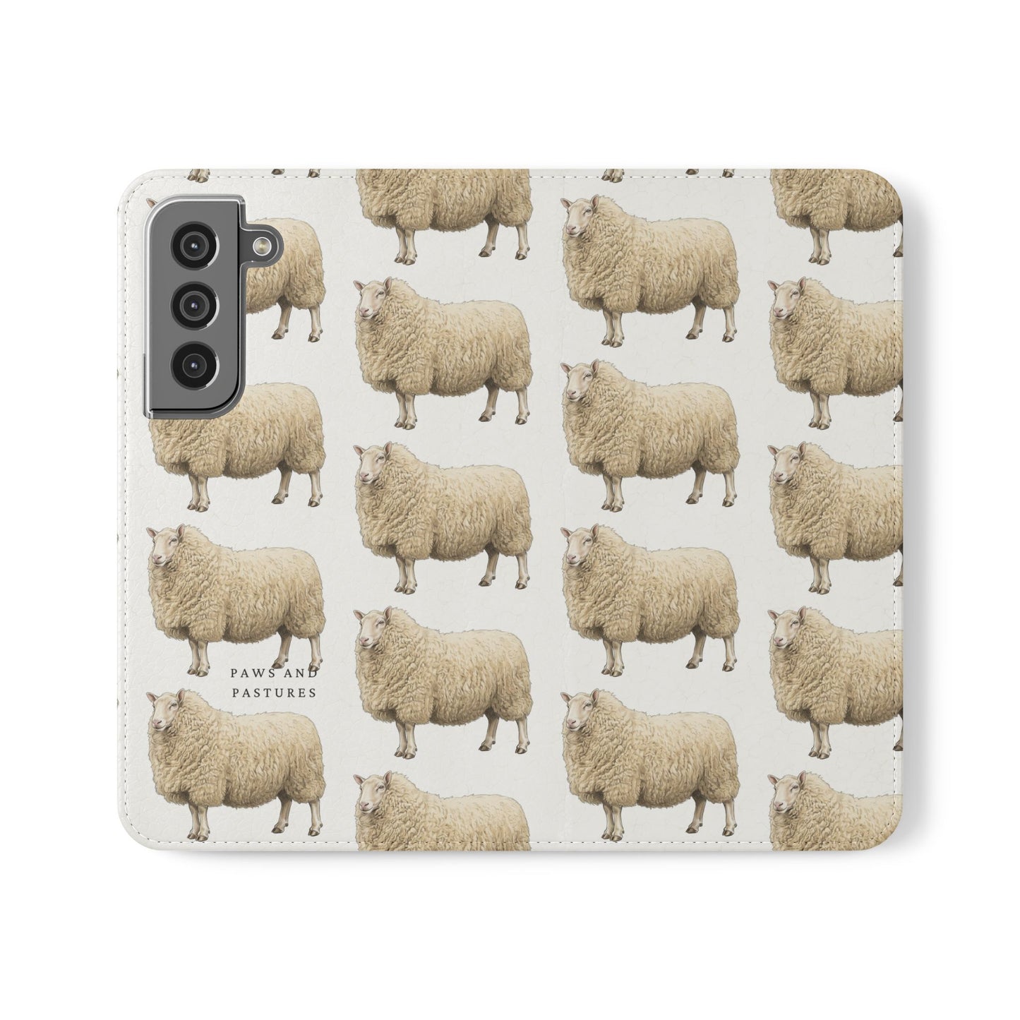 Cheviot Sheep Pattern Flip Phone Case – Cute Pastoral Wallet Cover with Card Slots
