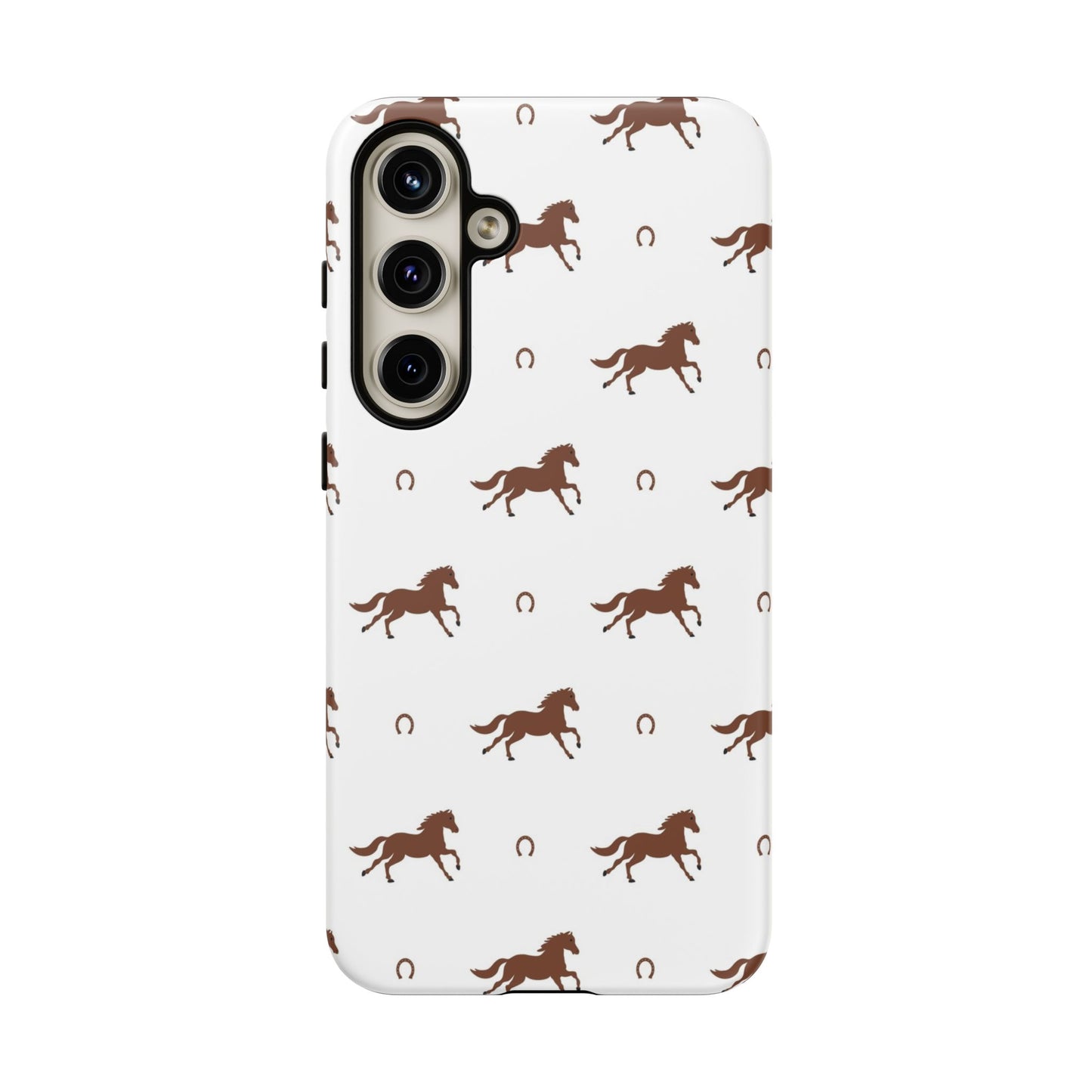Horse Pattern Tough Phone Case — Brown Galloping Horses & Horseshoes on White