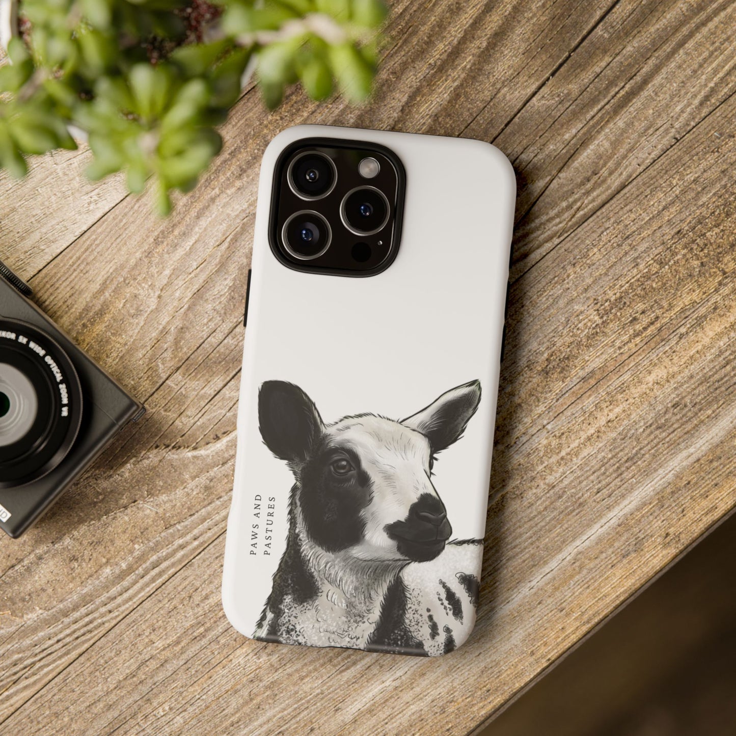 Dutch Spotted Sheep Portrait Phone Case - Black & White Lamb Illustration Protective Cover