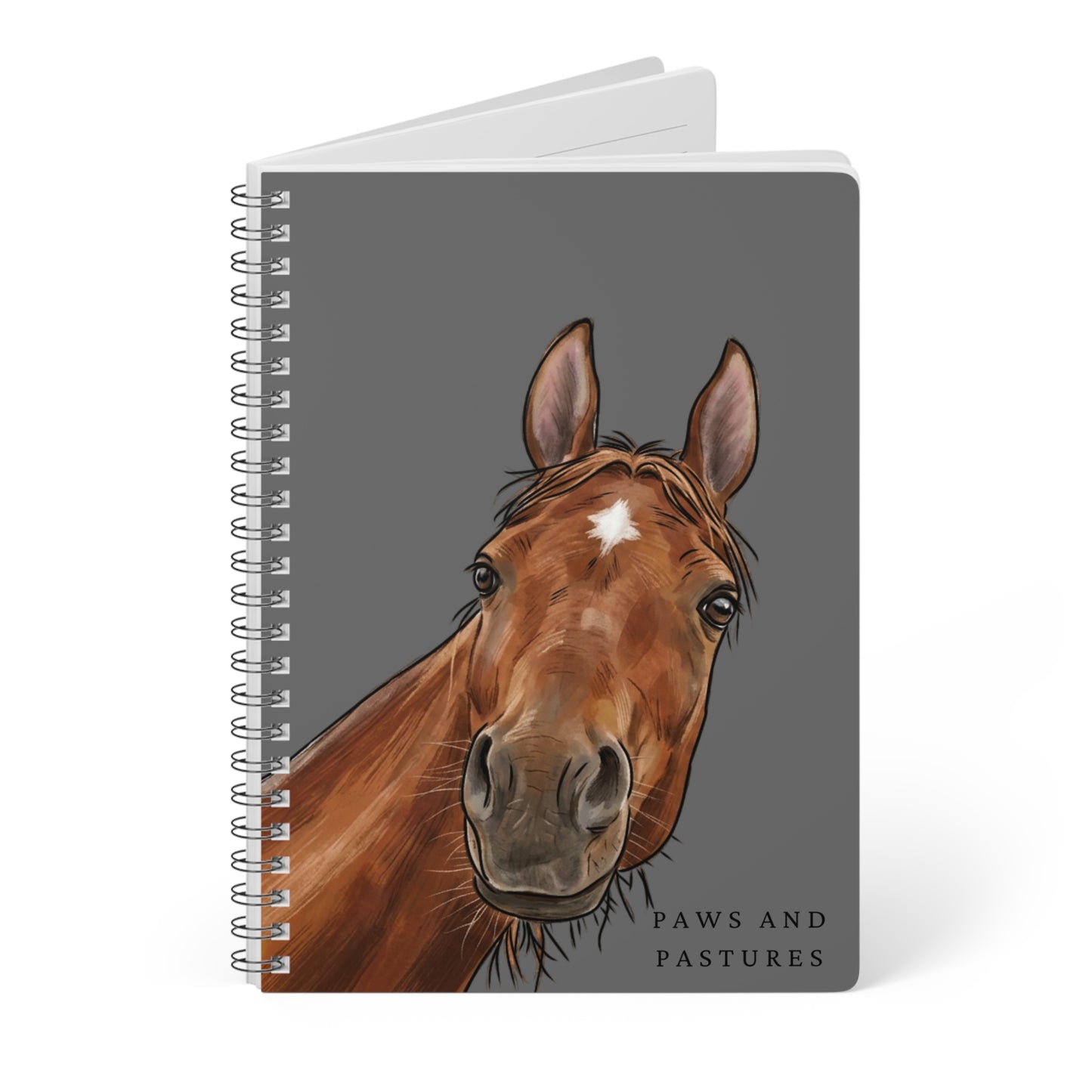 Grey Horse Portrait Spiral Notebook — "Paws and Pastures" A5 Wirobound Journal