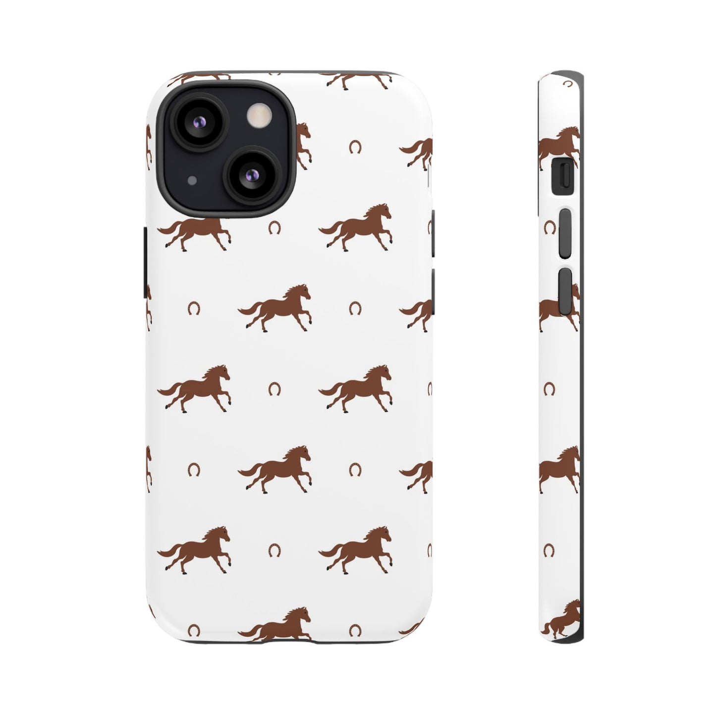 Horse Pattern Tough Phone Case — Brown Galloping Horses & Horseshoes on White
