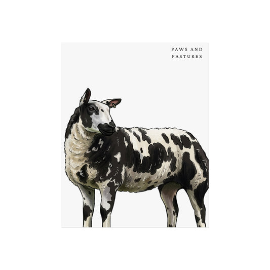 Dutch Spotted Sheep Art Poster — Black & White Piebald Sheep Fine Art Print (Paws and Pastures)