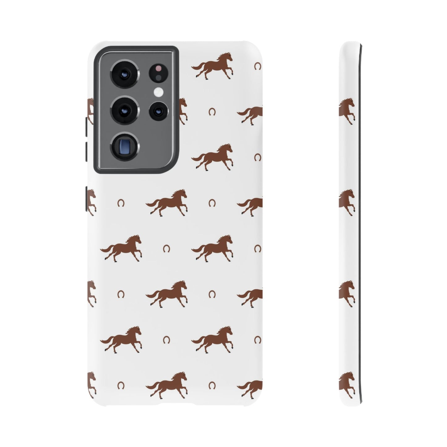 Horse Pattern Tough Phone Case — Brown Galloping Horses & Horseshoes on White