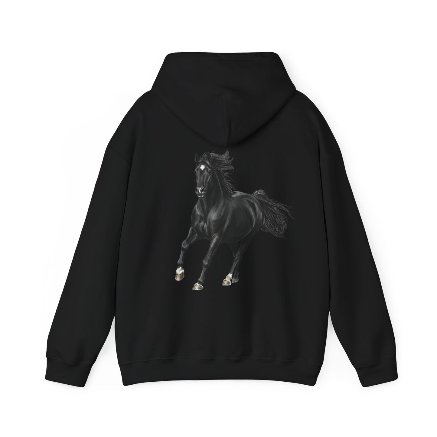 Horse Graphic Hoodie — Black Stallion Back Print, Minimal Front Text