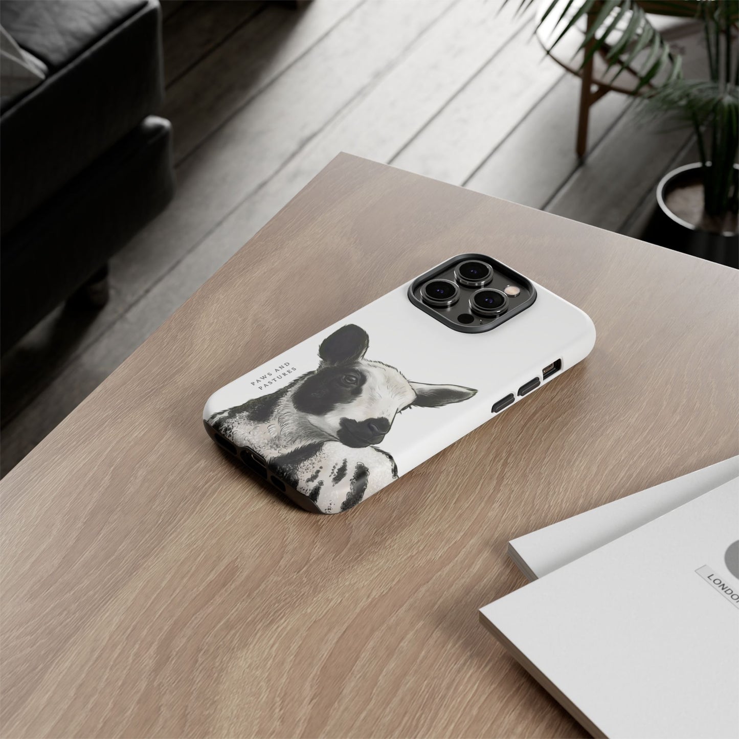 Dutch Spotted Sheep Portrait Phone Case - Black & White Lamb Illustration Protective Cover