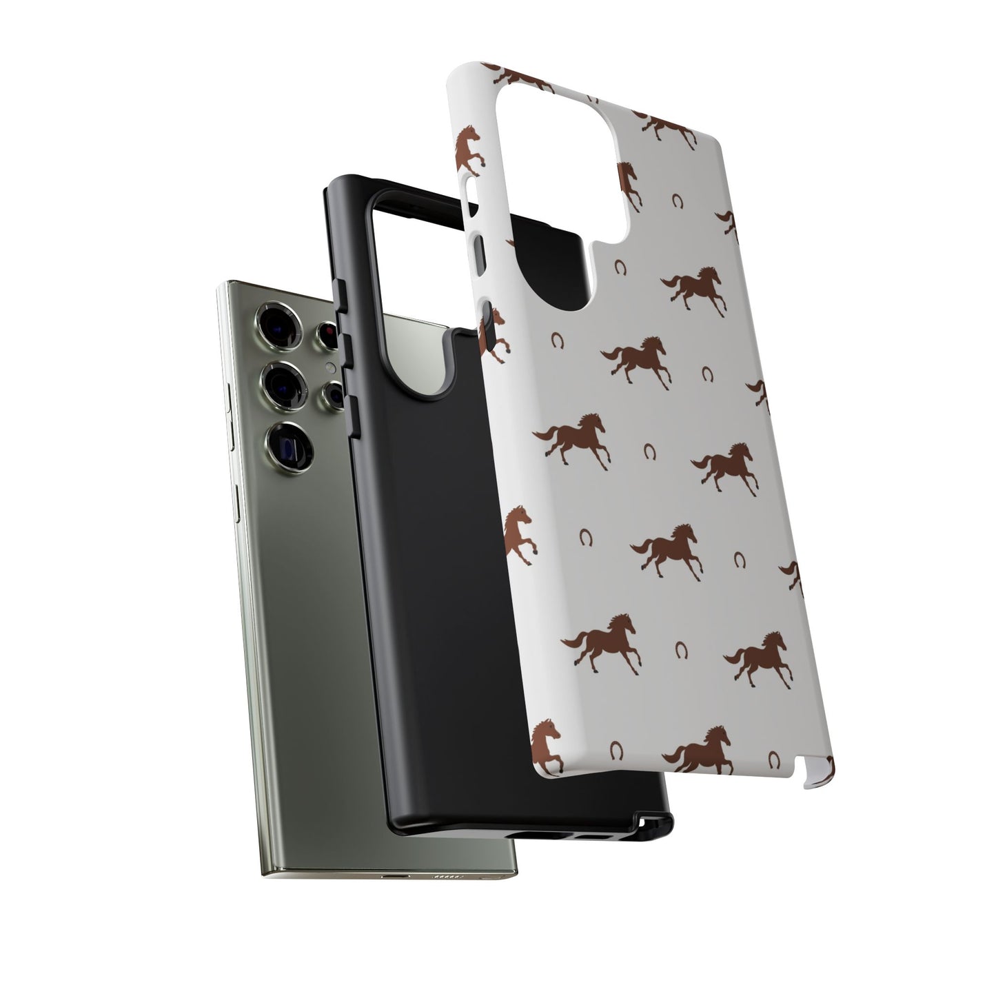 Horse Pattern Tough Phone Case — Brown Galloping Horses & Horseshoes on White