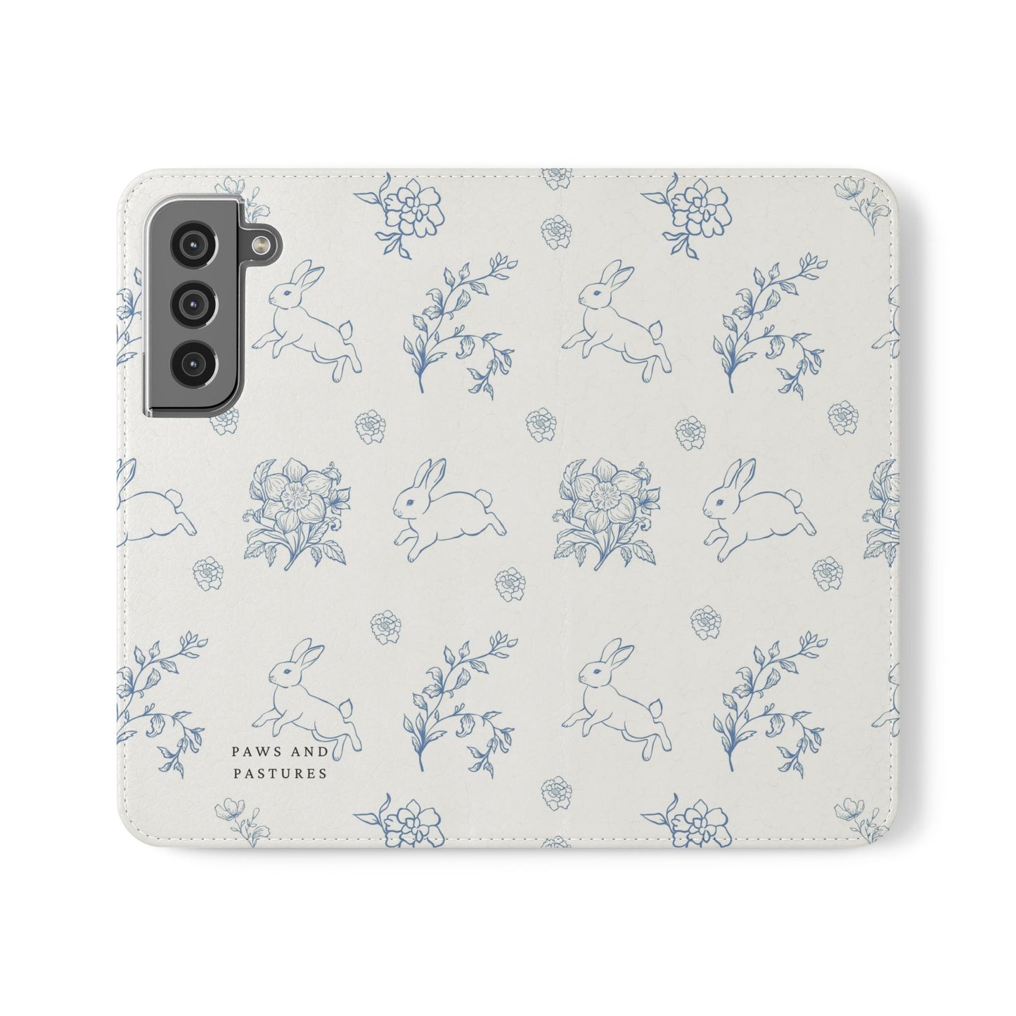Bunny Pattern Flip Phone Case – Floral Blue Rabbit Wallet Cover