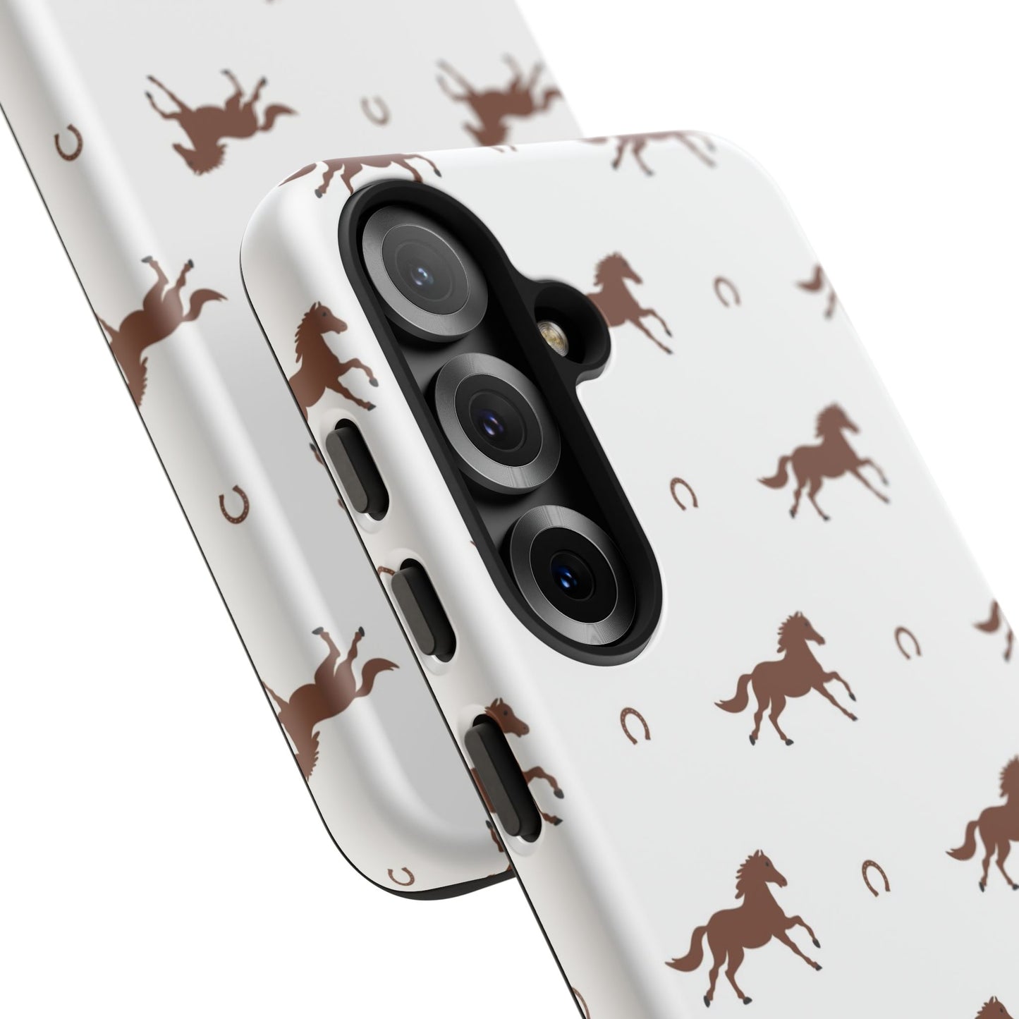 Horse Pattern Tough Phone Case — Brown Galloping Horses & Horseshoes on White