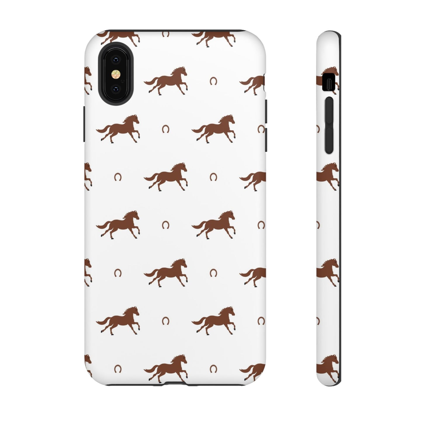 Horse Pattern Tough Phone Case — Brown Galloping Horses & Horseshoes on White