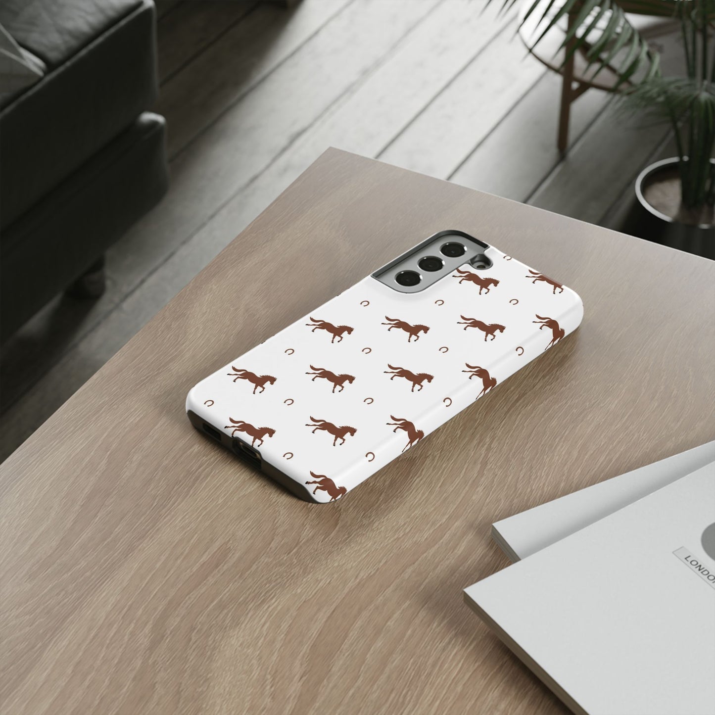 Horse Pattern Tough Phone Case — Brown Galloping Horses & Horseshoes on White