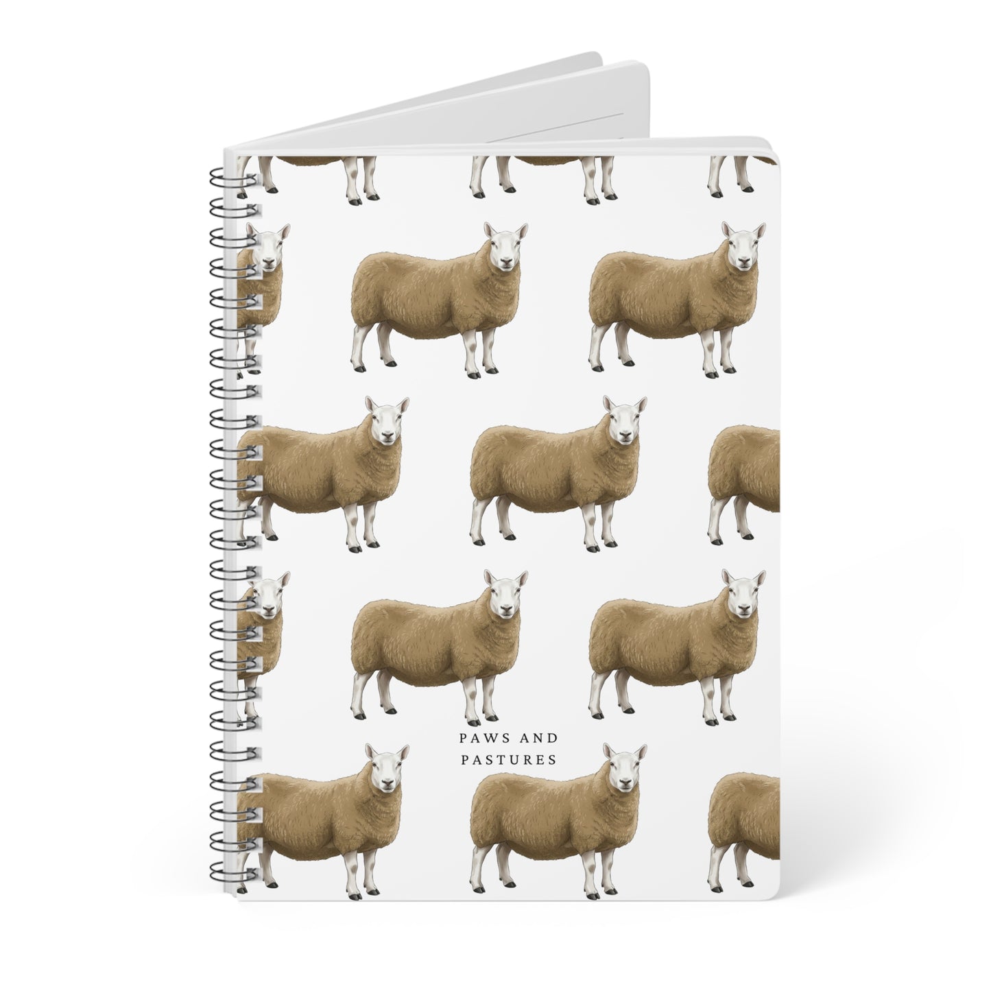 Cheviot Sheep Pattern A5 Spiral Notebook — "Paws and Pastures" Lined Journal